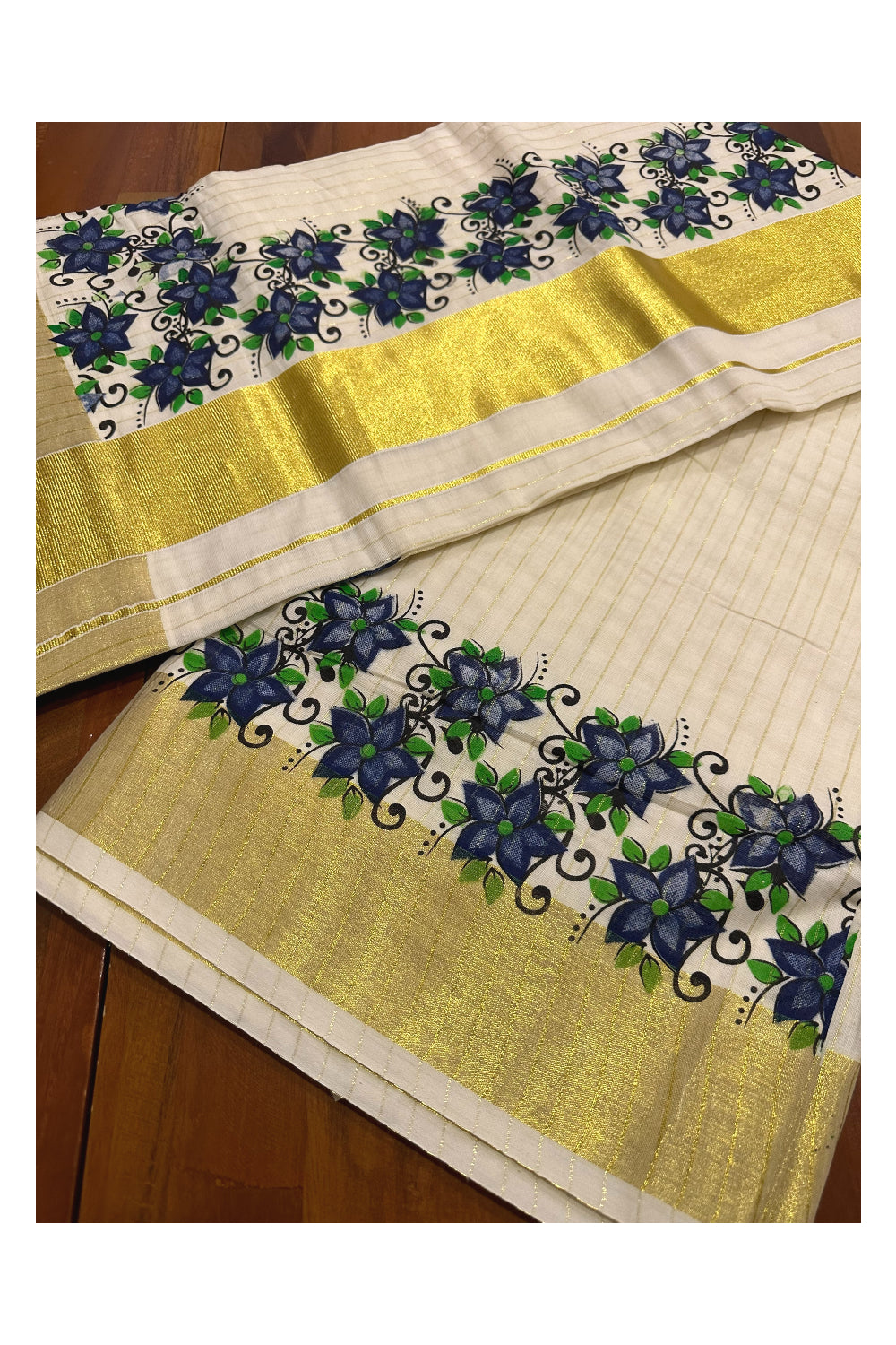 Kerala Pure Cotton Blue Floral Printed and Kasavu Lines Saree (Onam Saree 2023)