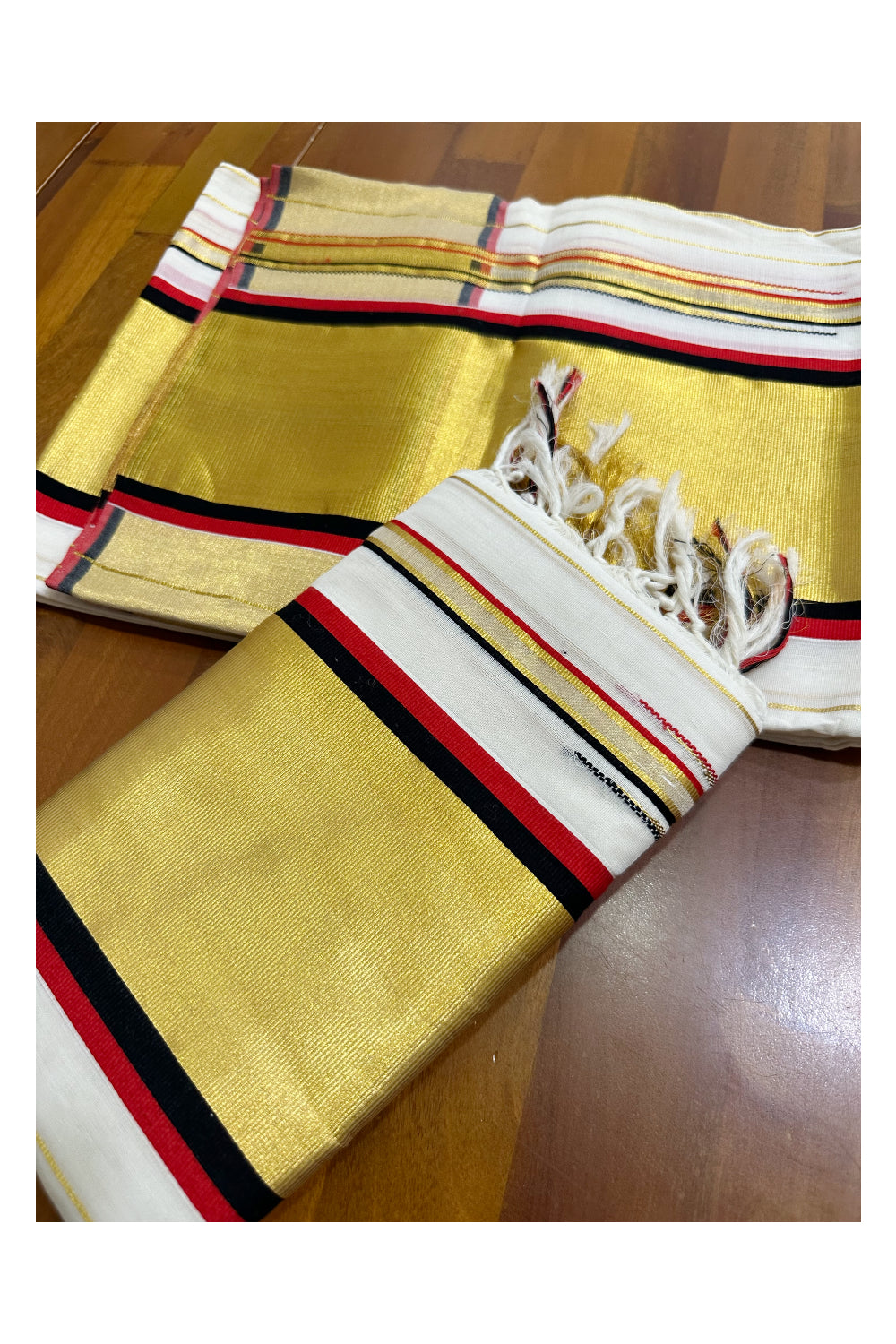 Southloom Handloom Premium Set Mundu with Woven Lines Body with Red and Black Border 2.80 Mtrs