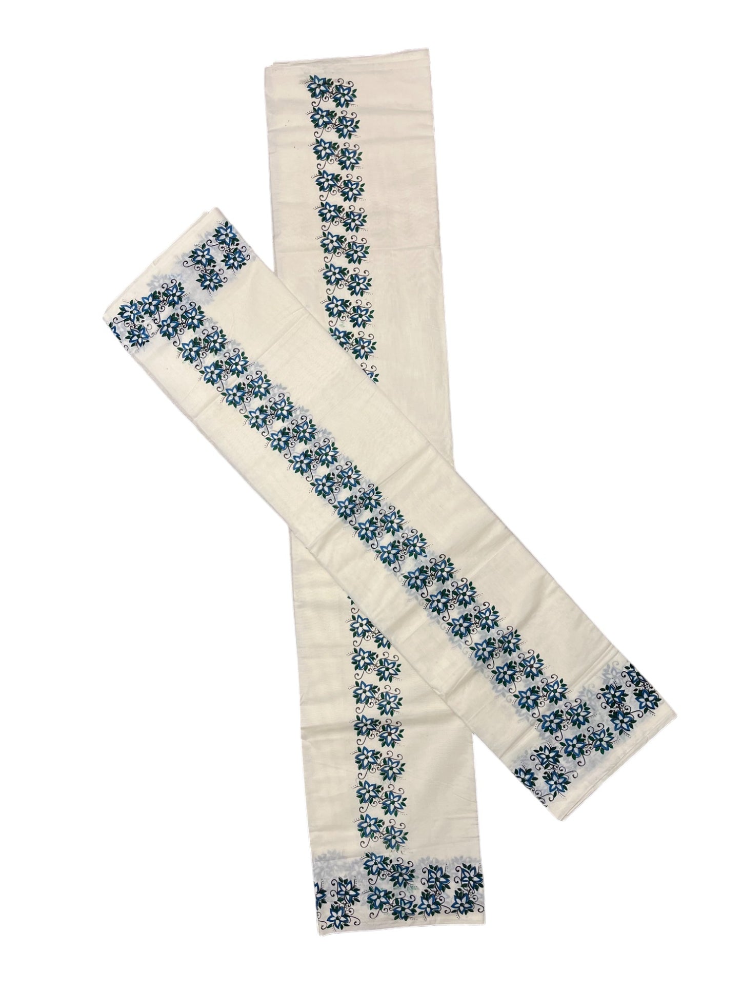 Pure Cotton Kerala Set Mundu (Mundum Neriyathum) with Blue Floral Block Printed Border