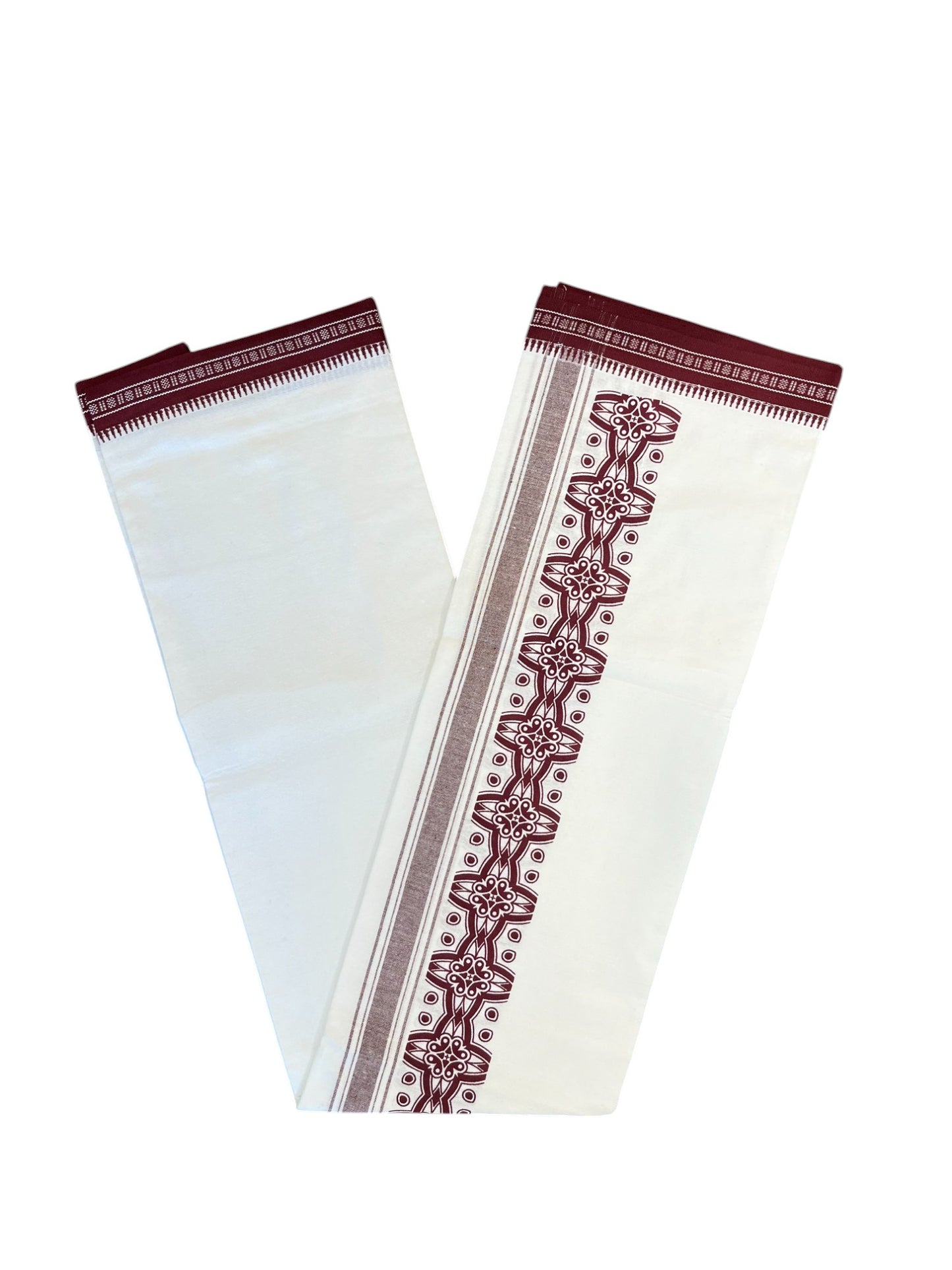 Southloom White And Maroon Printed Single Mundu / Otta Mundu / Lungi (South Indian Kerala Dhoti)