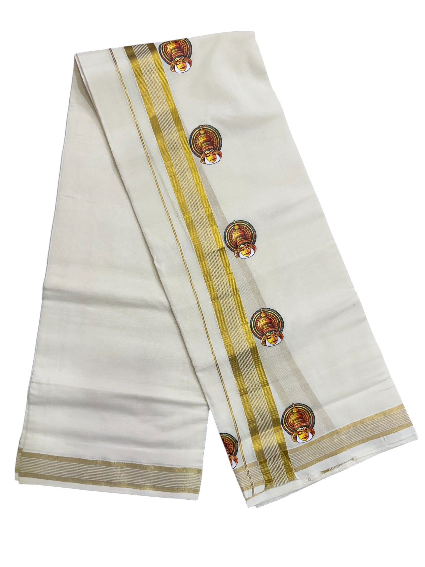 Southloom Lines Kasavu Double Mundu with Mural Print Along Kara