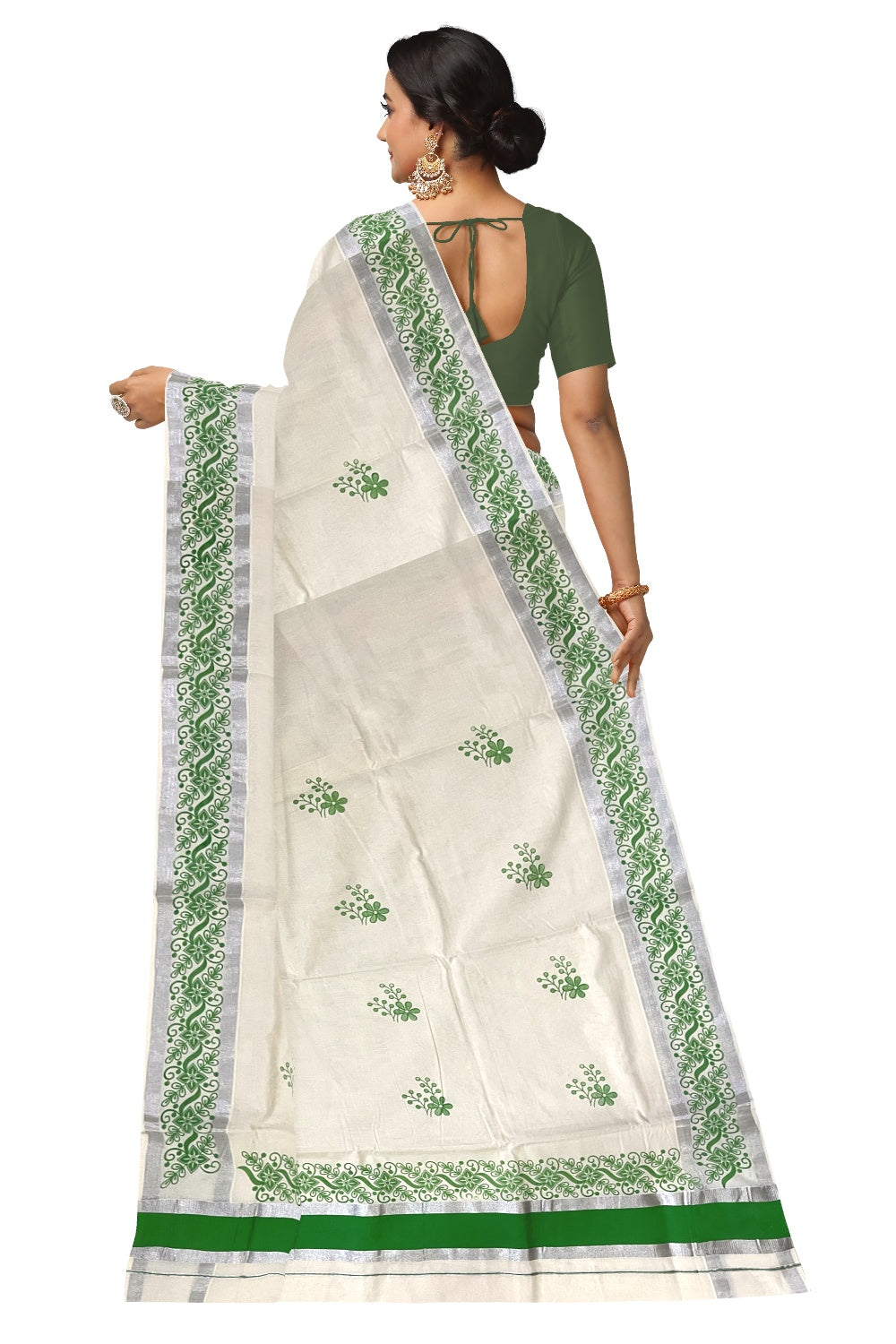 Pure Cotton Off White Kerala Saree with Light Green Floral Block Printed Silver Border (Onam Saree 2023)