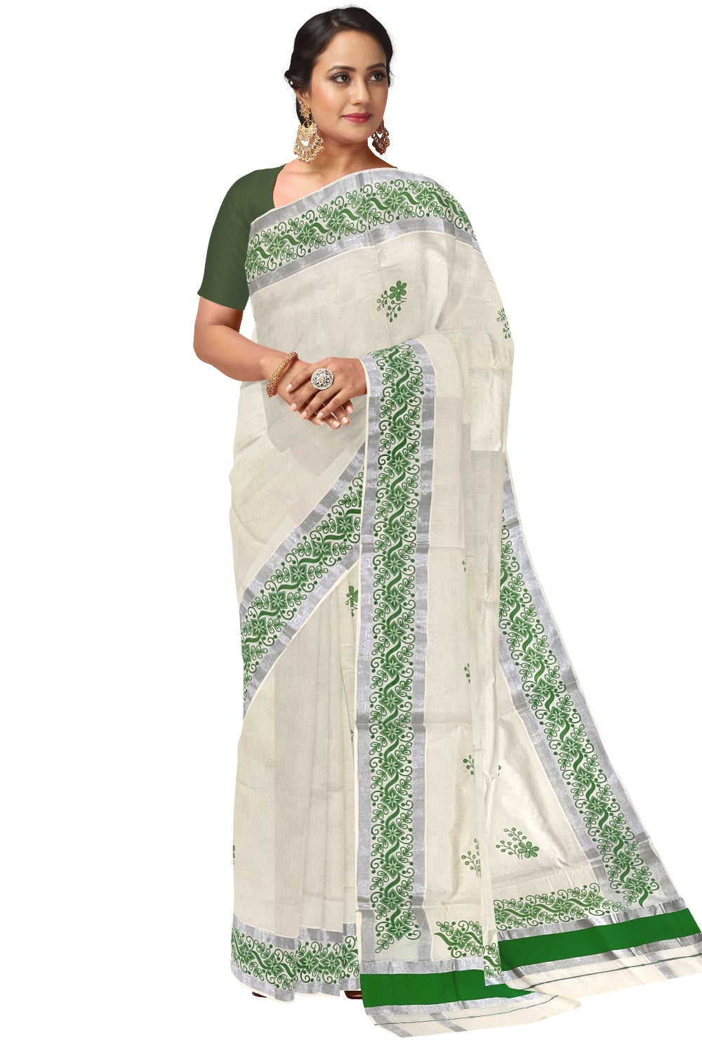 Pure Cotton Off White Kerala Saree with Light Green Floral Block Printed Silver Border (Onam Saree 2023)