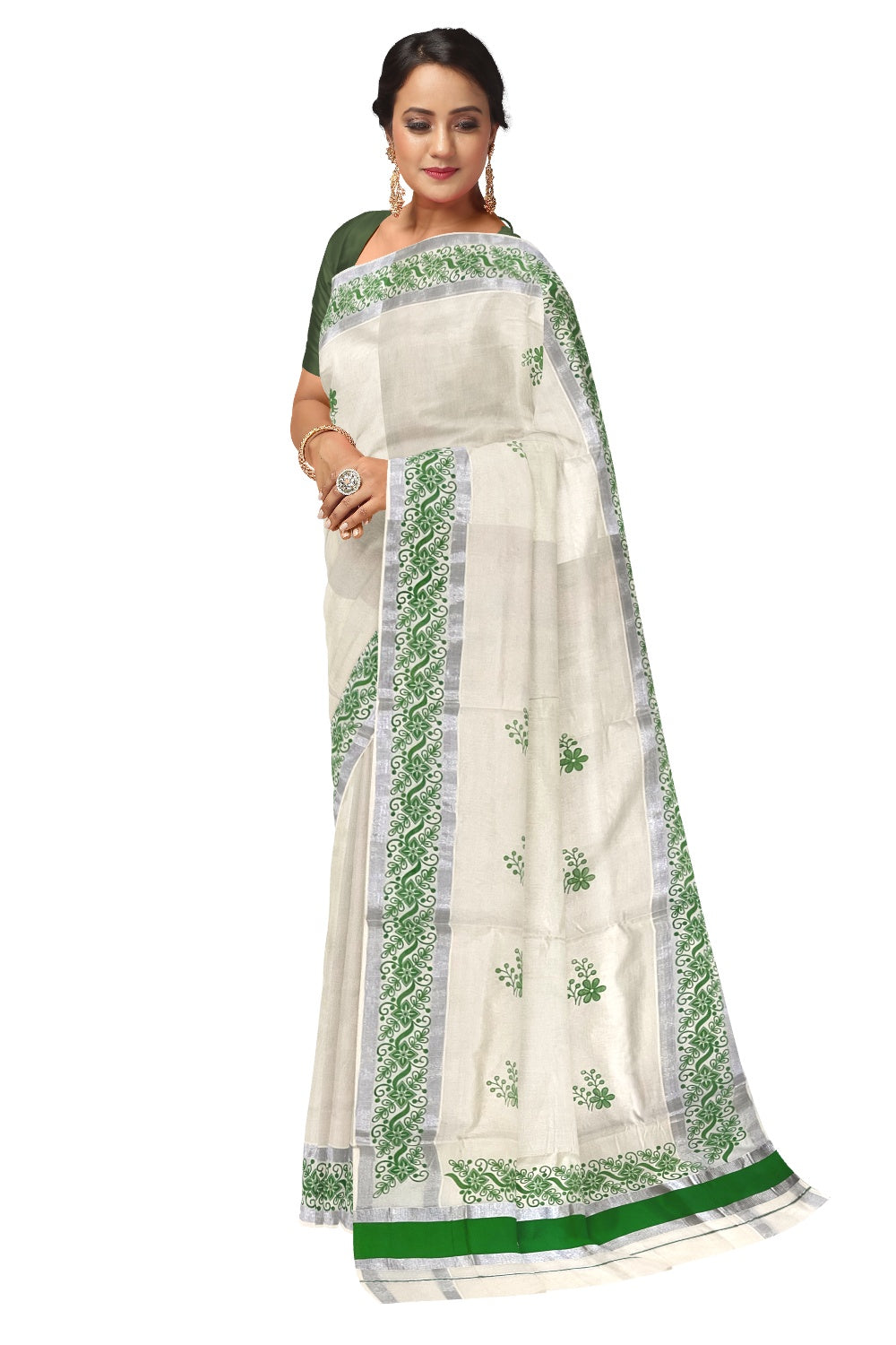 Pure Cotton Off White Kerala Saree with Light Green Floral Block Printed Silver Border (Onam Saree 2023)