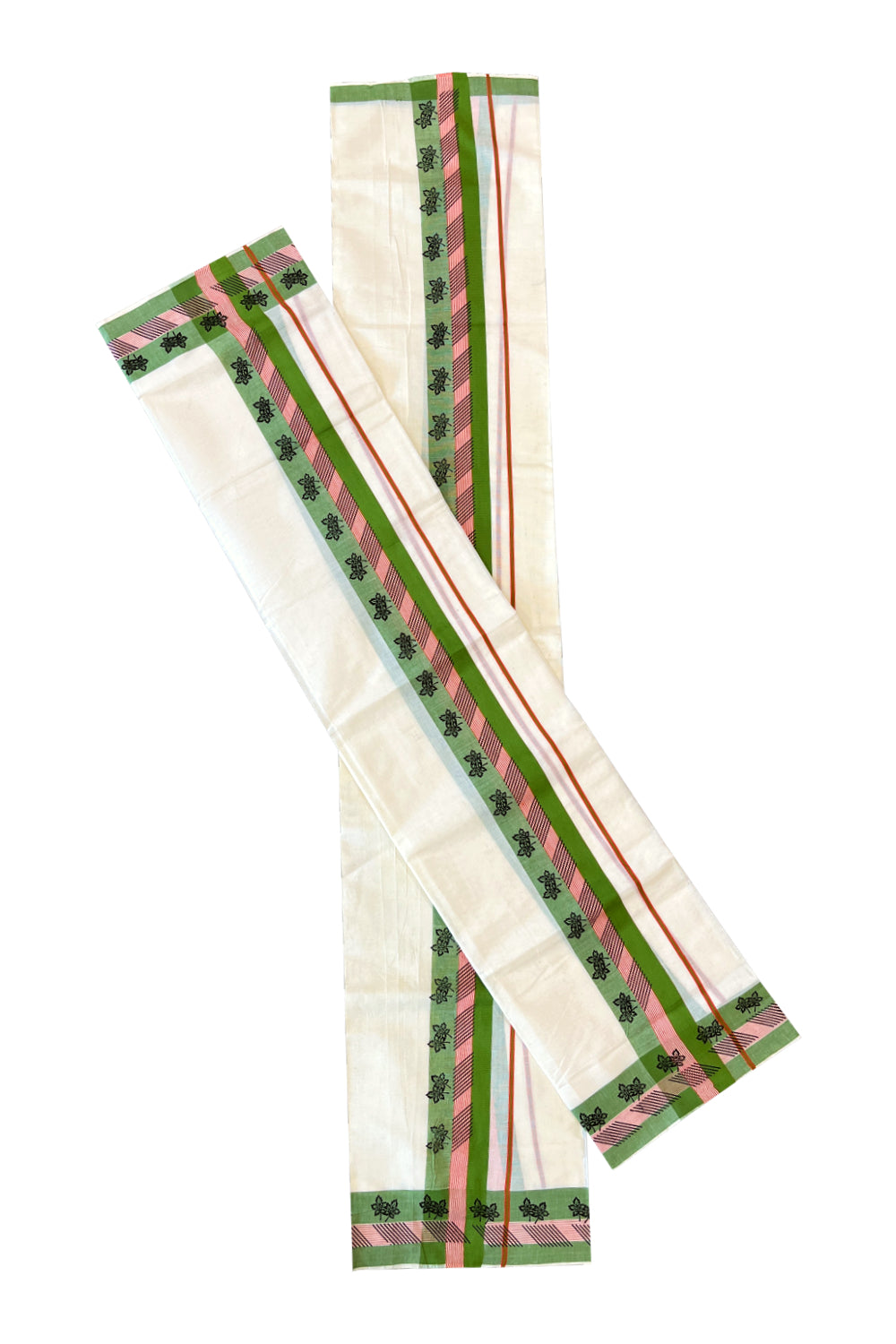 Cotton Single Set Mundu (Mundu Neriyathum) with Black Block Prints on Green Border