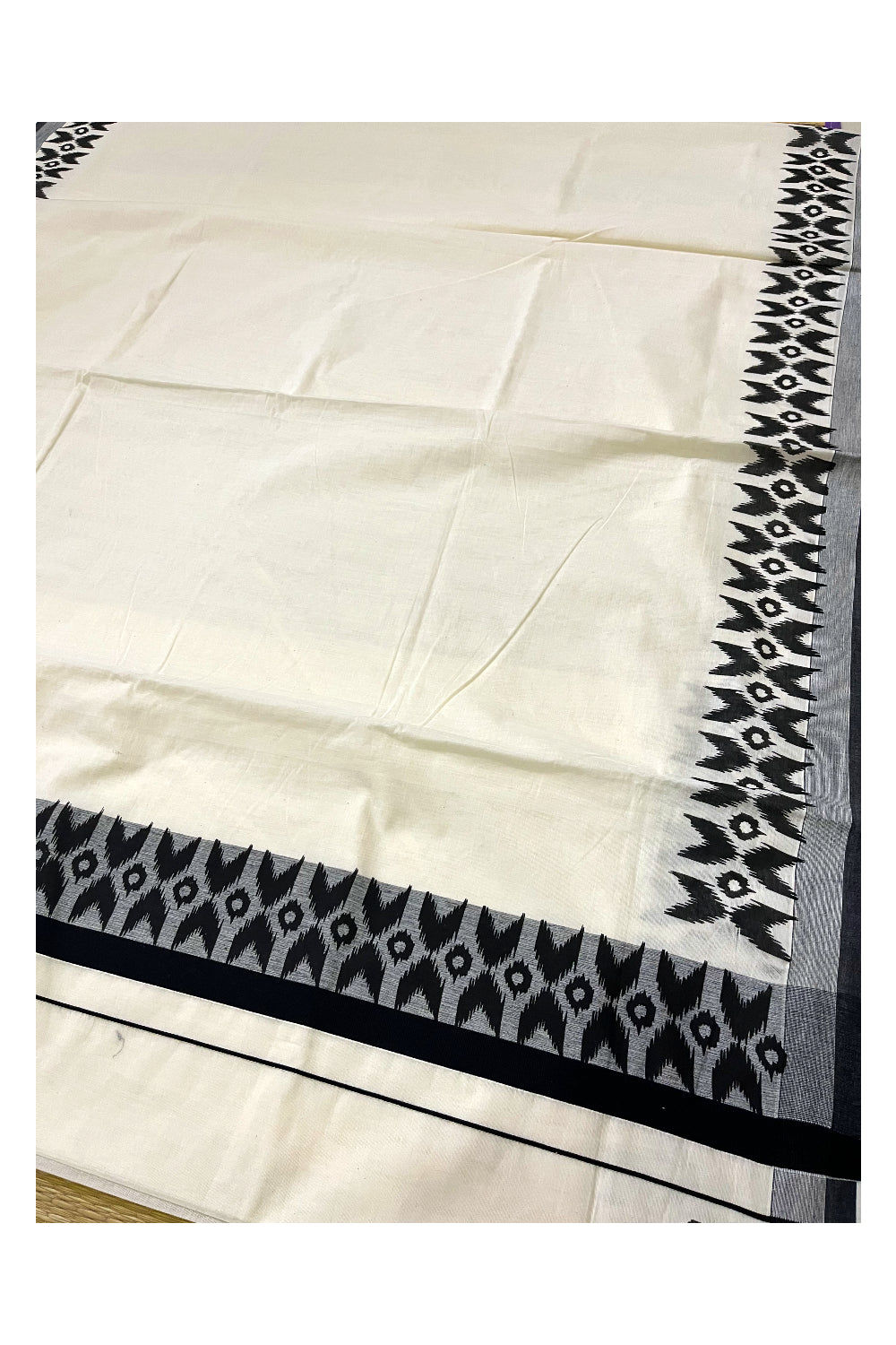 Kerala Cotton Saree with Black Block Printed Border