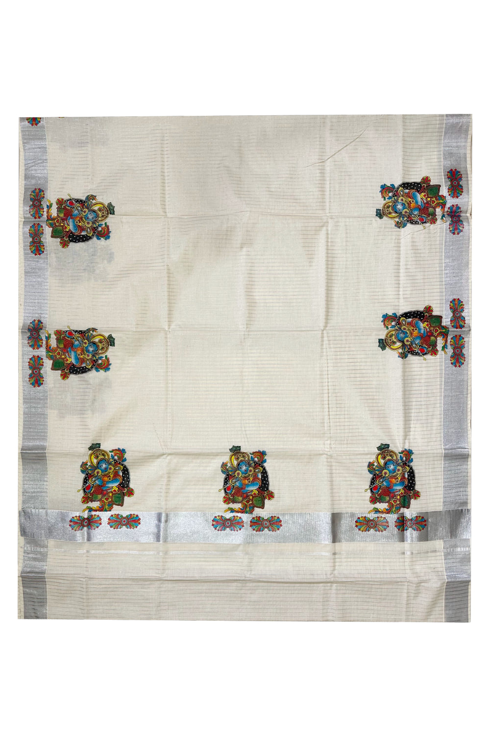 Pure Cotton Kerala Saree with Silver Lines and Krishna Mural Prints on Body