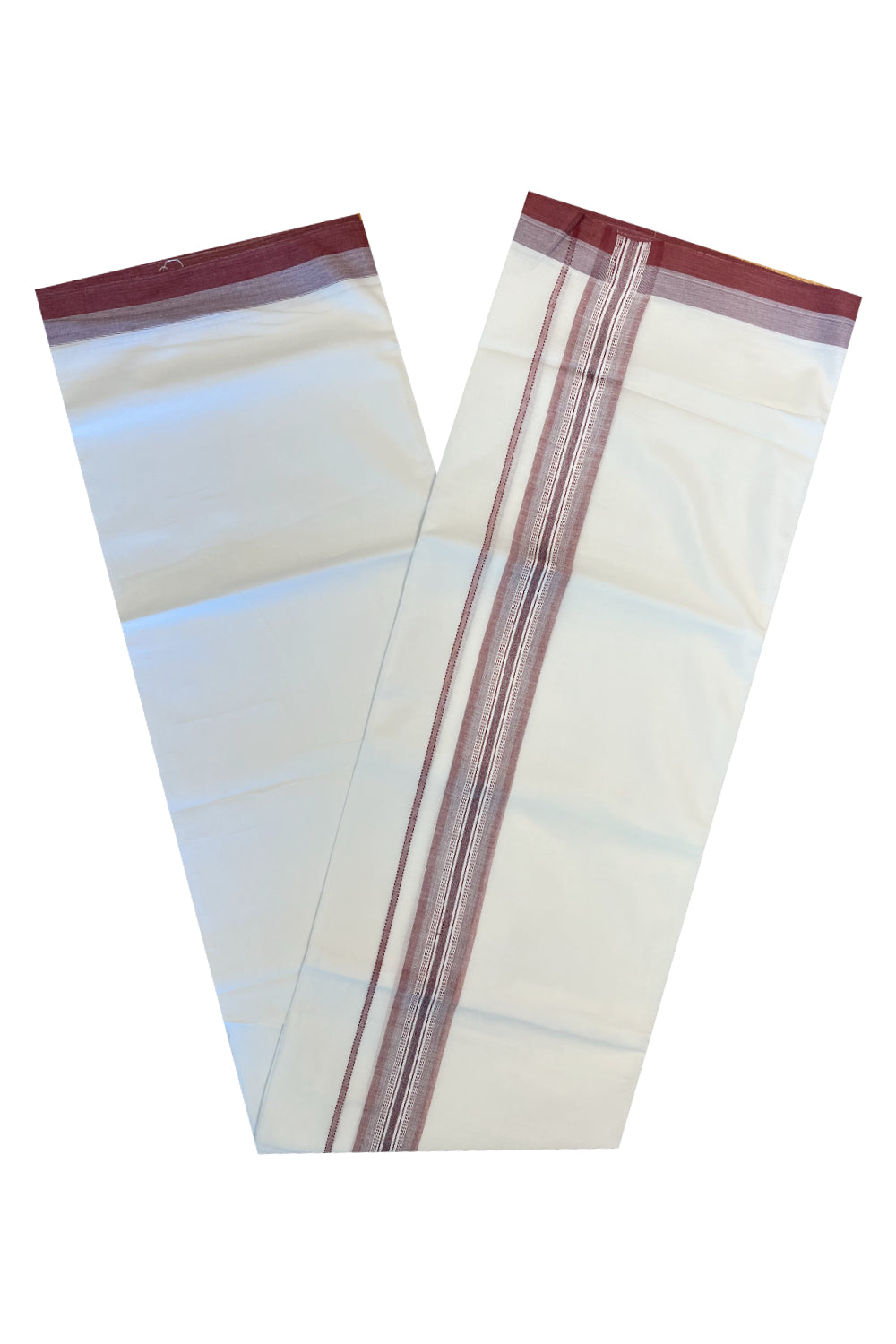 Pure White Cotton Double Mundu with Maroon Border (South Indian Dhoti)