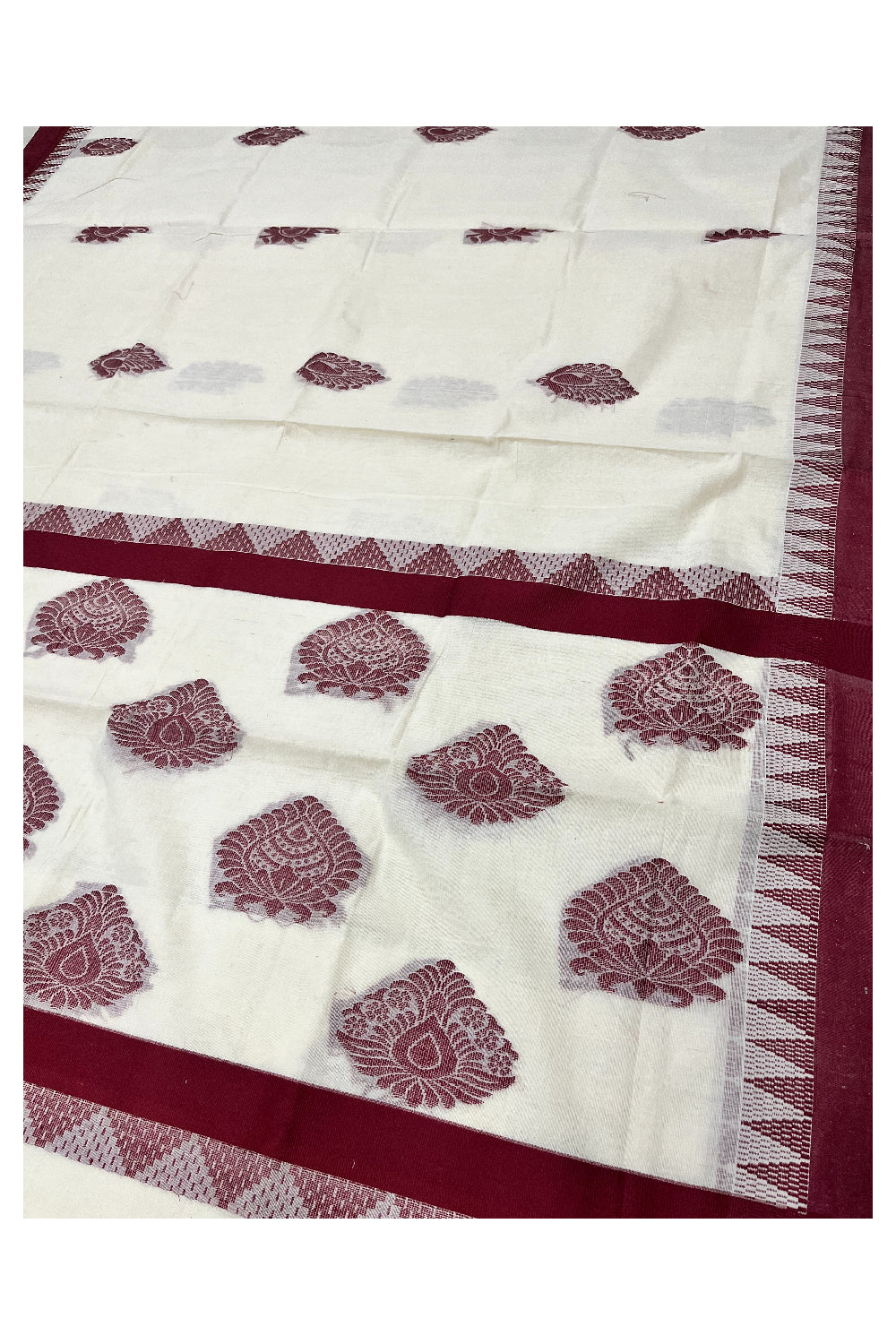 Pure Cotton Kerala Saree with Maroon Heavy Woven Designs and Temple Border (Vishu 2024 Collection)