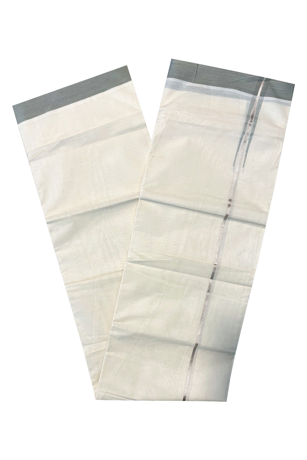 Pure Cotton Off White Double Mundu with Silver Kasavu and Grey Chutti Border (South Indian Kerala Dhoti)