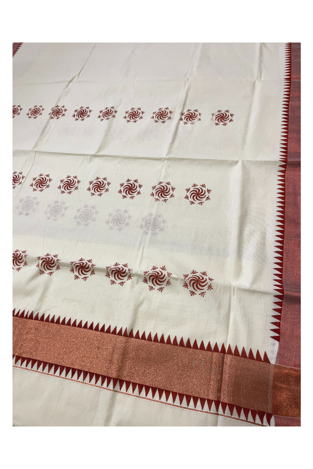 Kerala Pure Cotton Saree with Copper Kasavu Temple Border and Block Prints on Body