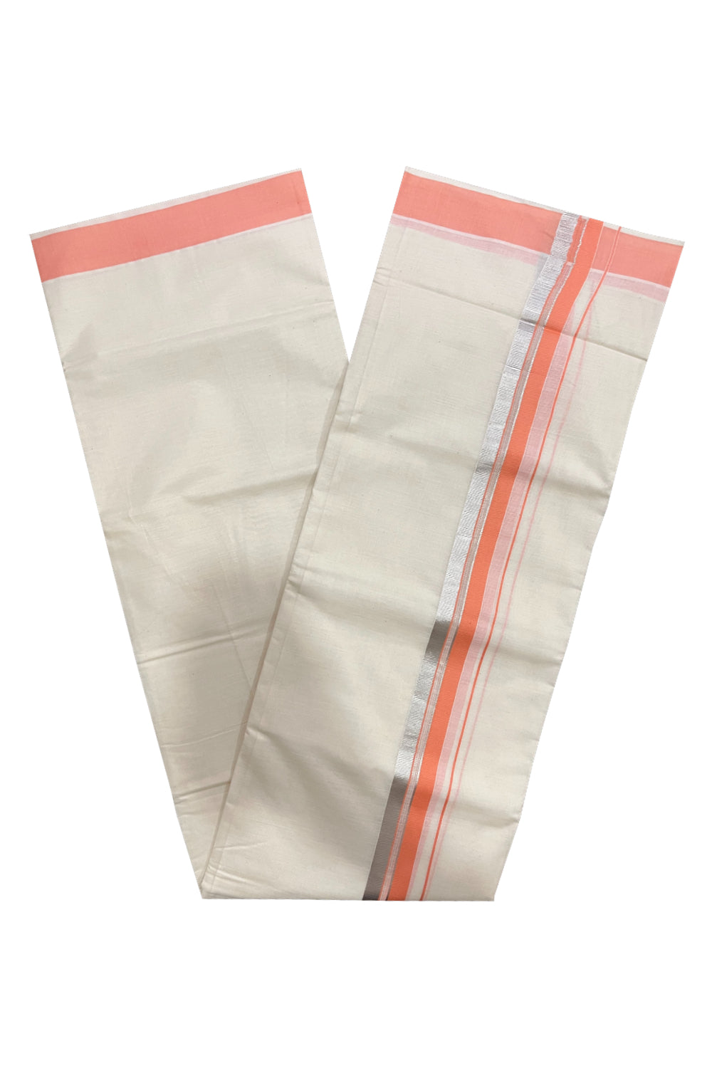 Pure Cotton Kerala Double Mundu with Peach and Silver Kasavu Kara (South Indian Kerala Dhoti)