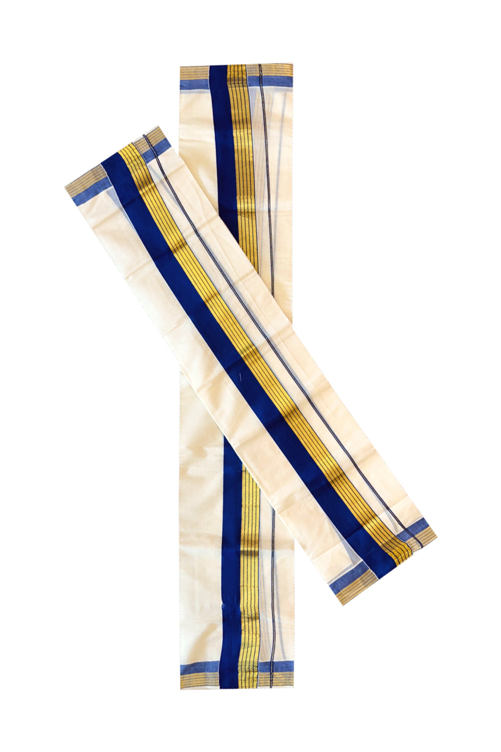 Kerala Cotton Set Mundu (Mundum Neriyathum) with Blue and Kasavu Border