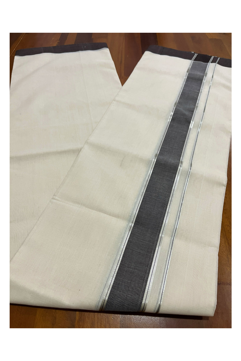 Southloom Premium Balaramapuram Unakkupaavu Handloom Mundu with Dark Brown and Silver Kasavu Border (South Indian Kerala Dhoti)