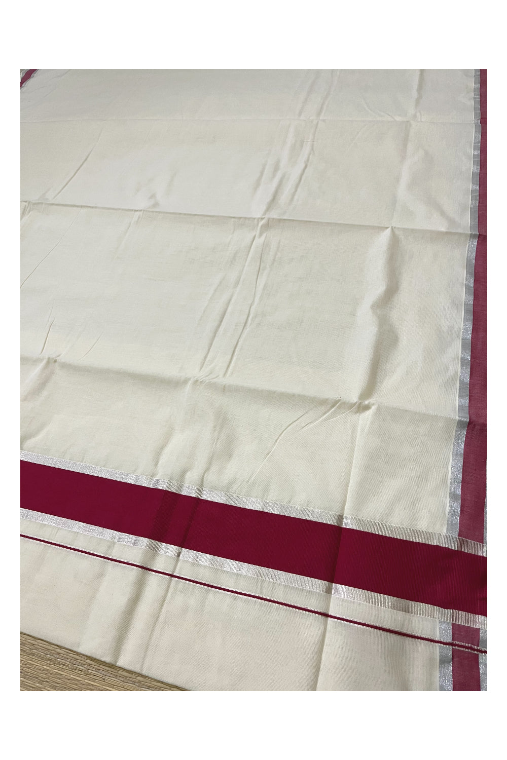 Pure Cotton Kerala Saree with Maroon and Silver Kasavu Border (Onam 2023 Saree)