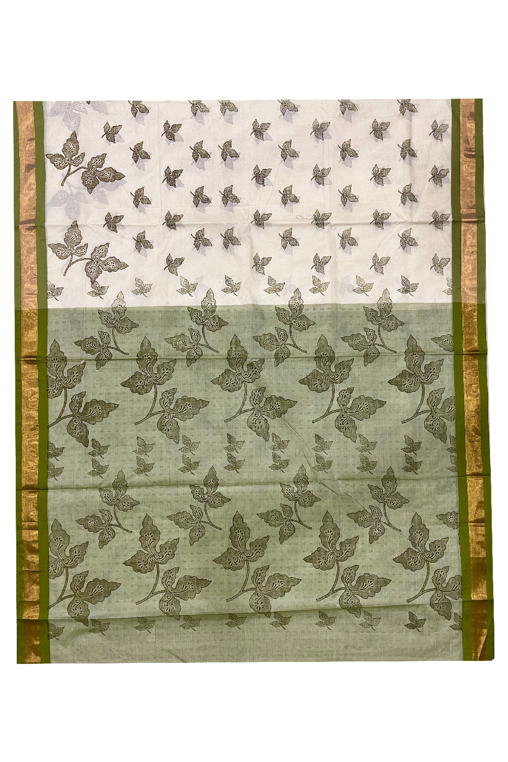 Pure Cotton Kerala Saree with Olive Green Block Print Leaf Designs and Kasavu Border (Vishu 2024 Collection)