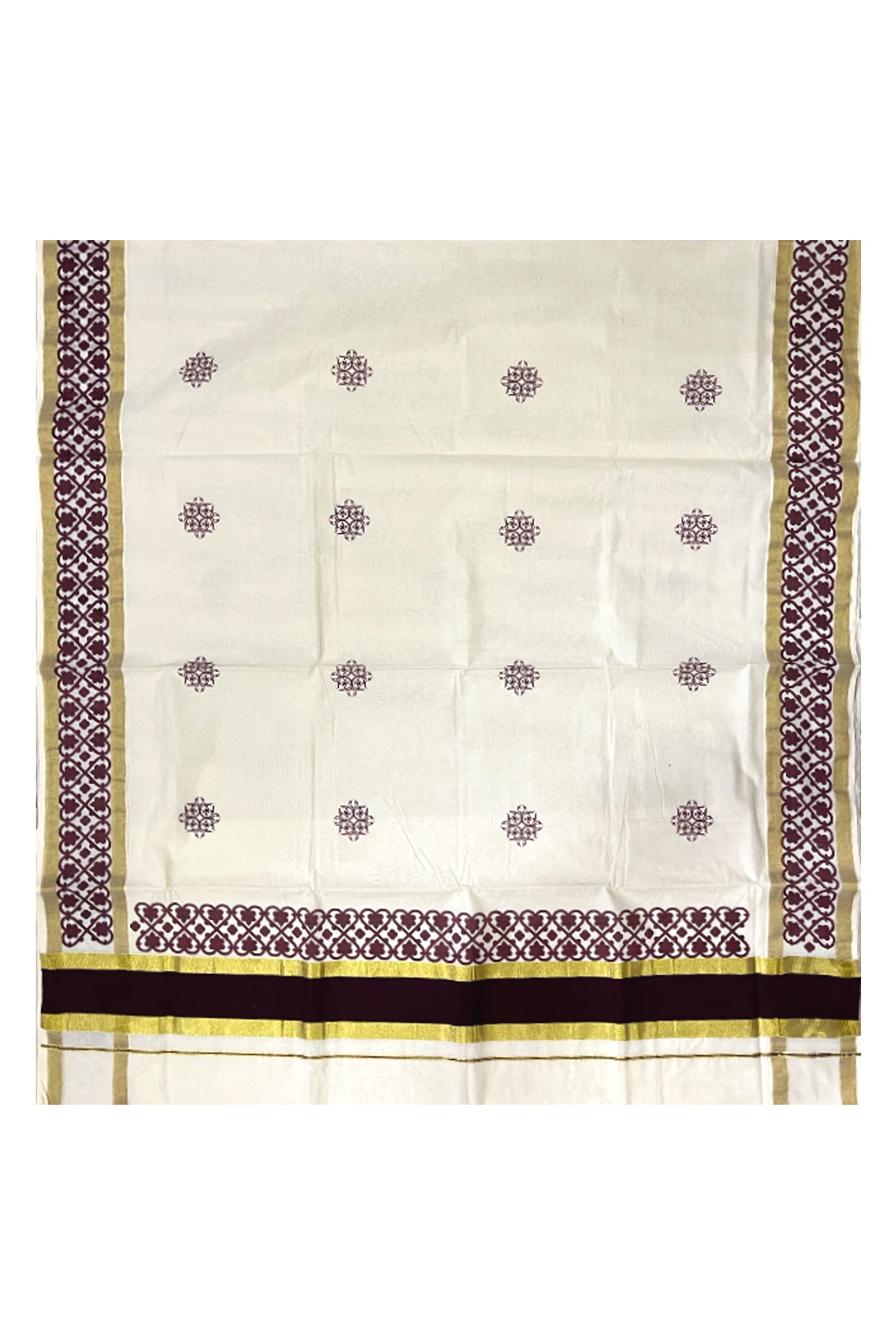 Pure Cotton Kerala Saree with Brown Block Printed Kasavu Border (Onam Saree 2023)