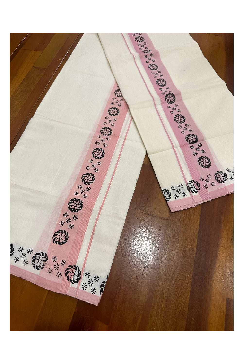 Kerala Cotton Set Mundu (Mundum Neriyathum) with Block Prints on Peach Border (Onam Set Mundu 2023)