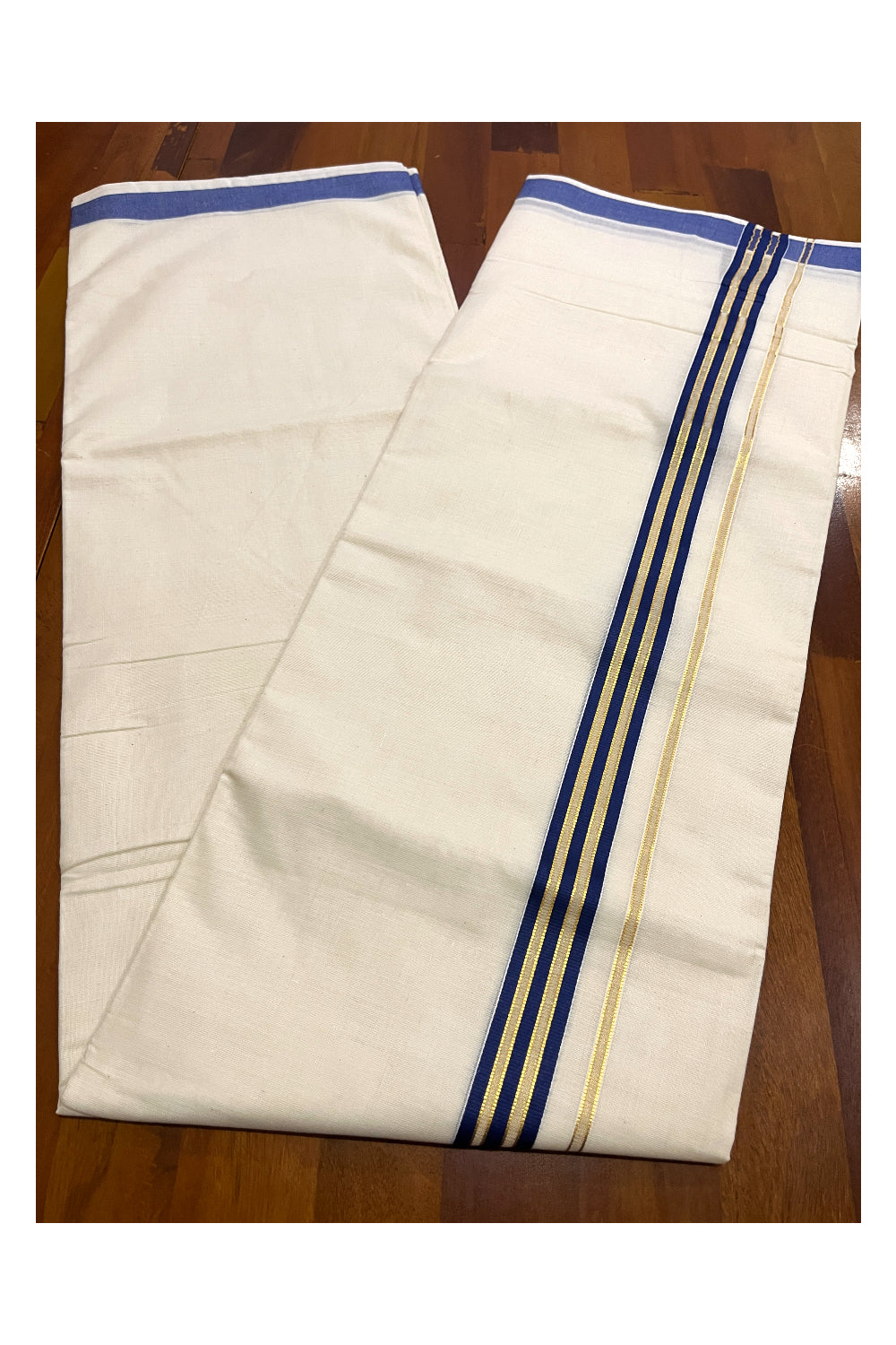 Pure Cotton Off White Double Mundu with Dark Blue and Kasavu Kara (South Indian Dhoti)