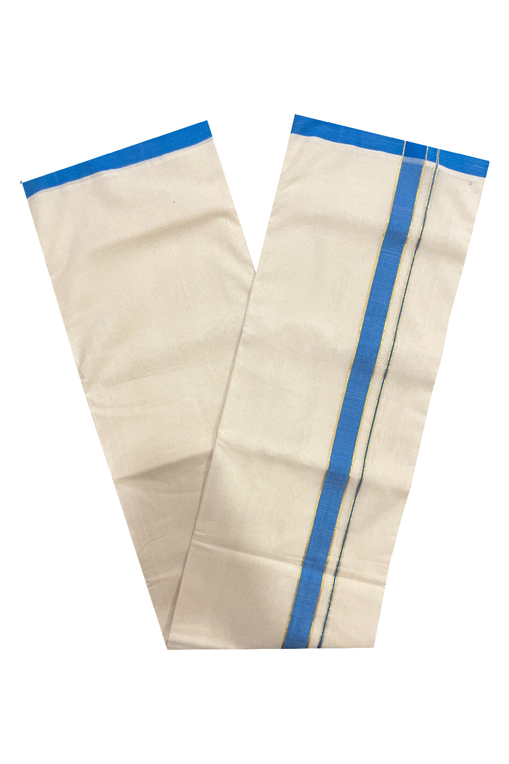 Southloom Premium Balaramapuram Unakkupaavu Handloom Mundu with Blue and Kasavu Border (South Indian Kerala Dhoti)