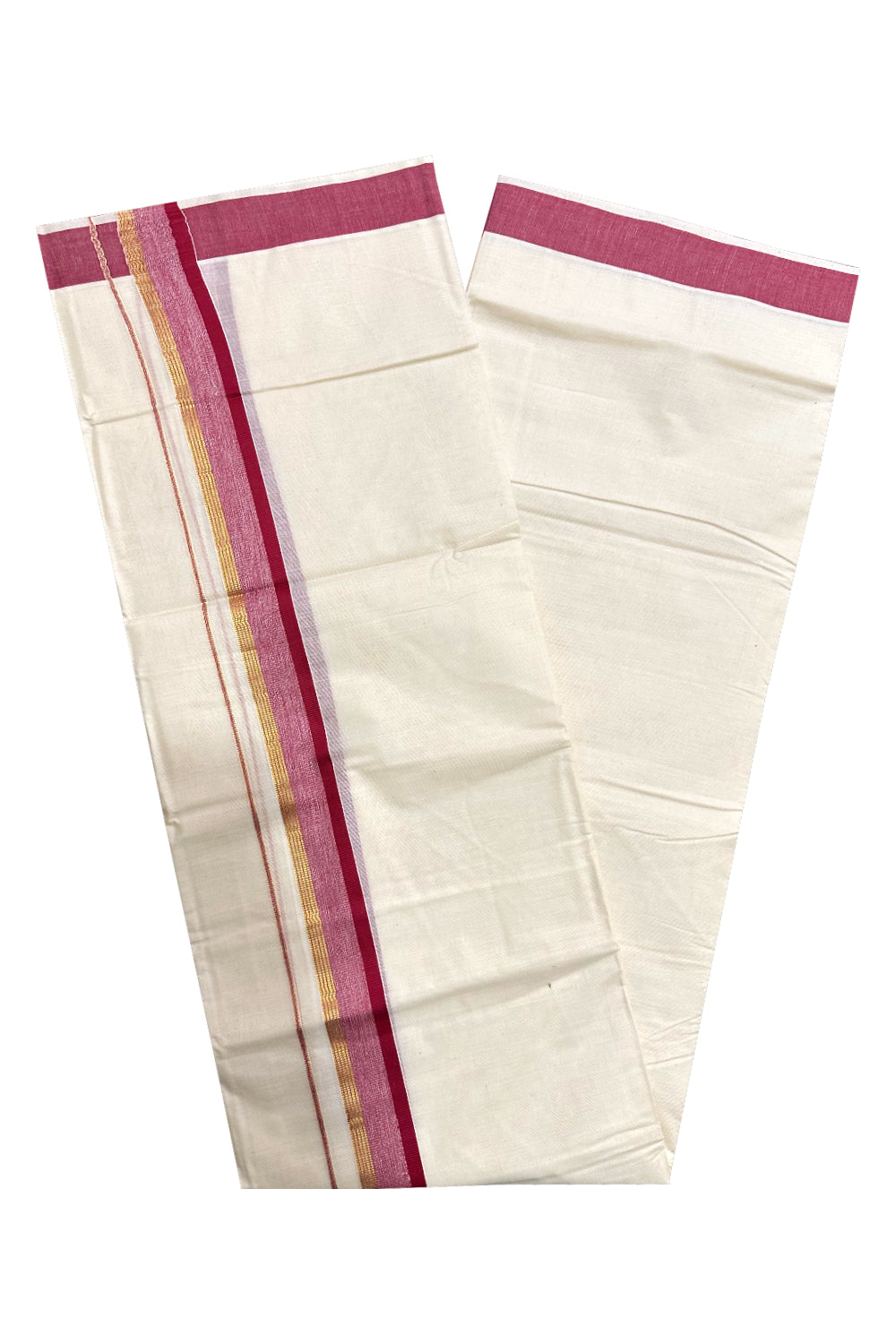 Kerala Cotton Double Mundu with Maroon and Kasavu Border (Onam Mundu 2023)