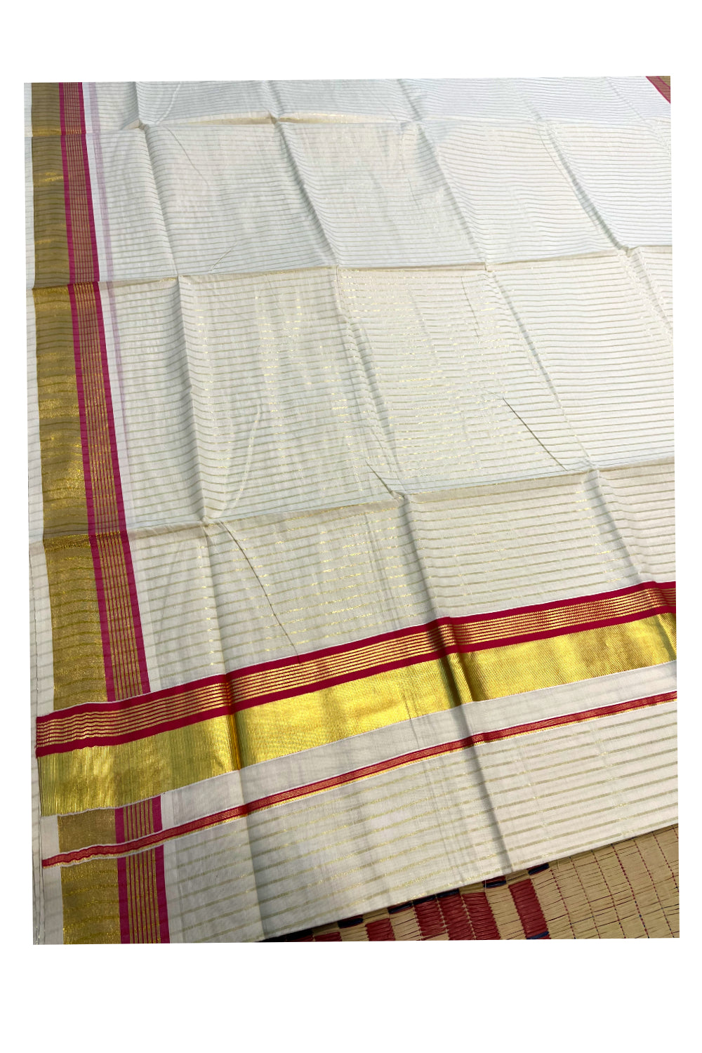 Pure Cotton Kerala Kasavu Lines Design Saree with Pink Border