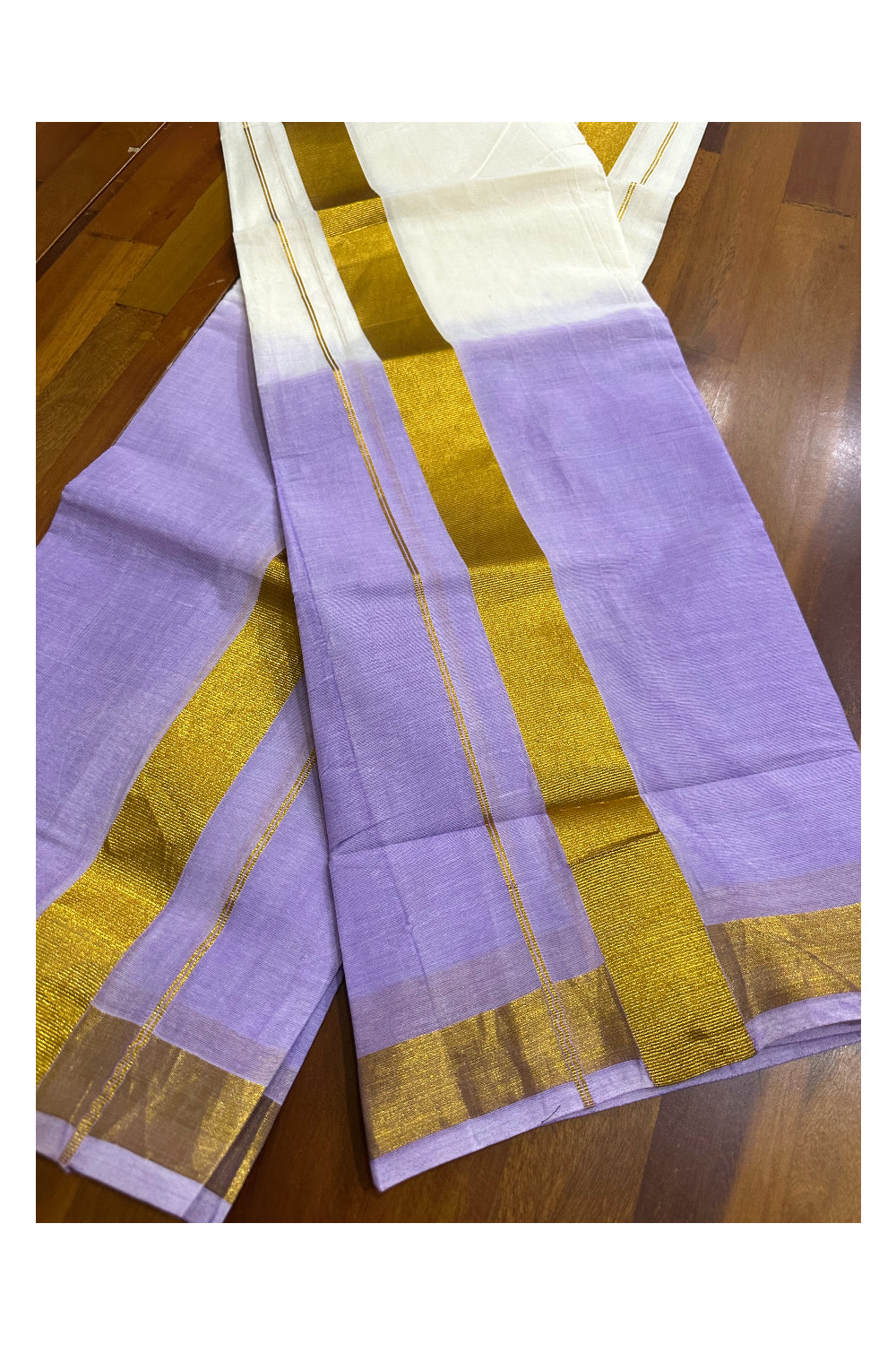 Southloom Tie & Dye - Half & Half  Multi Colour Lavender Design Set Mundu (Mundum Neriyathum) in 2.80 m Neriyathu (Extra Length)