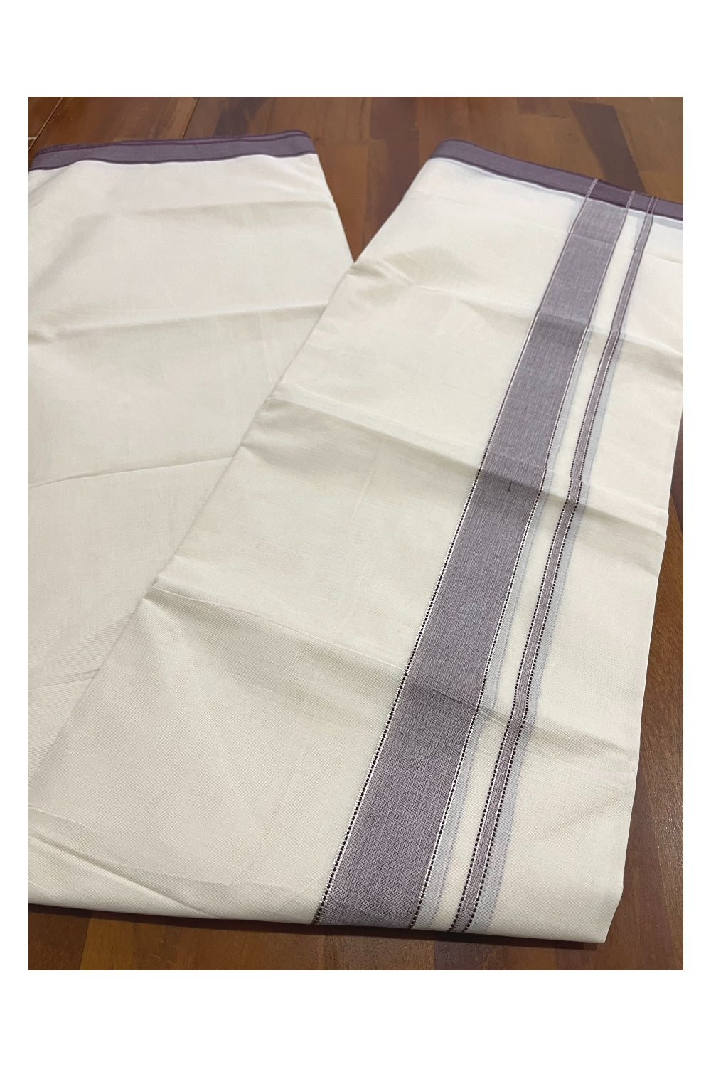 Pure Cotton 100x100 Double Mundu with Silver Kasavu and Brown Kara (Onam Mundu 2023)