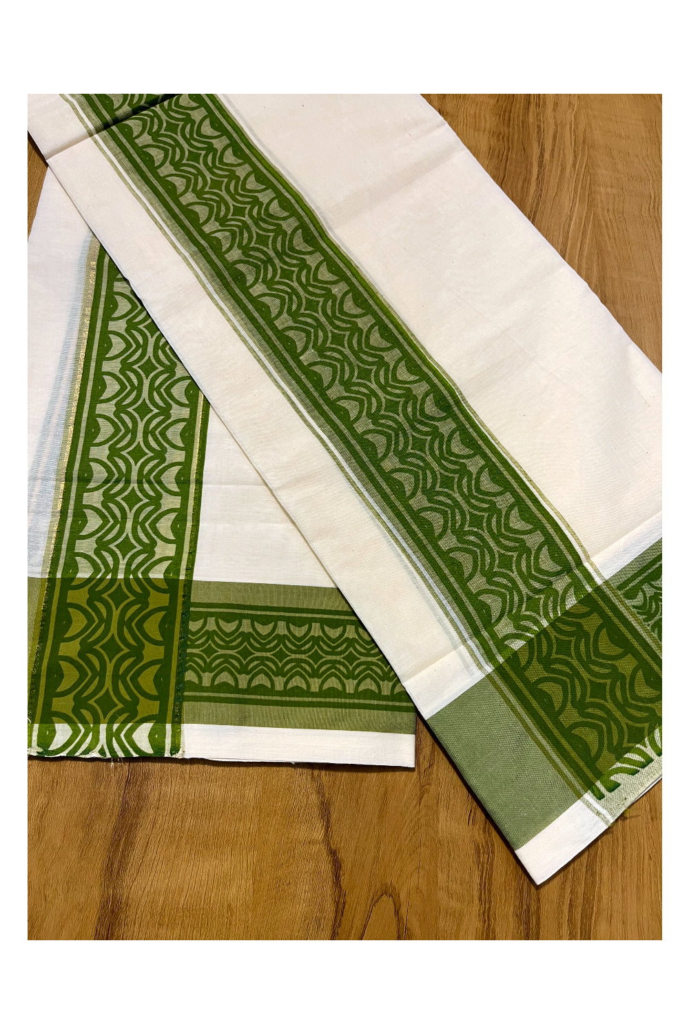 Kerala Cotton Single Set Mundu (Mundum Neriyathum) with Green Block print Border 2.80Mtrs