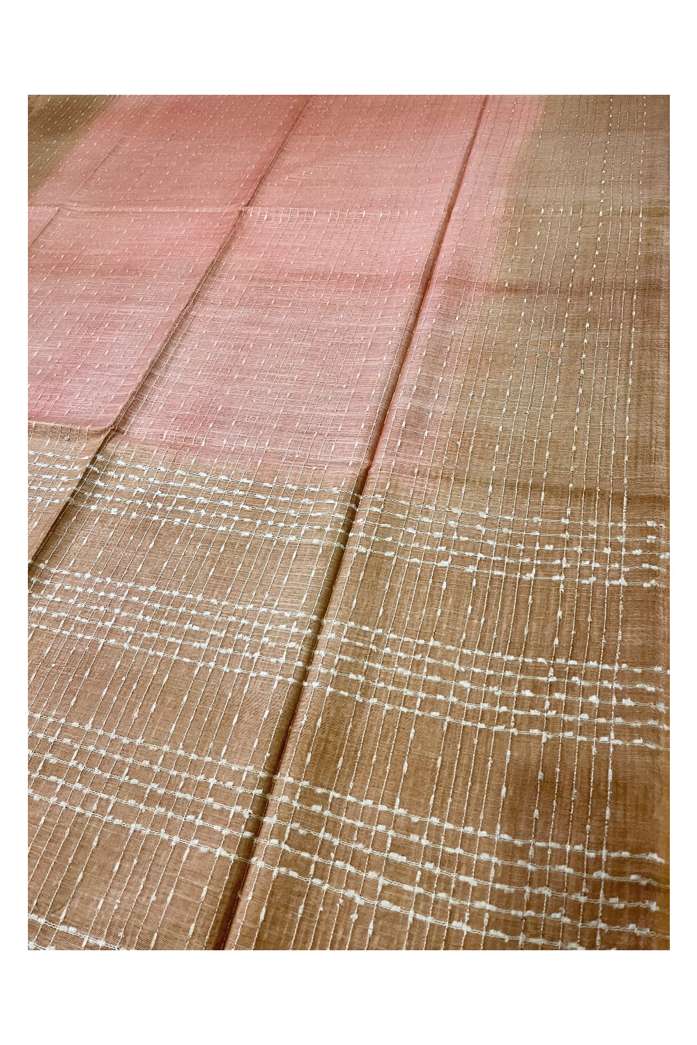 Southloom Semi Organza Check Design Peach Saree with Brown Border