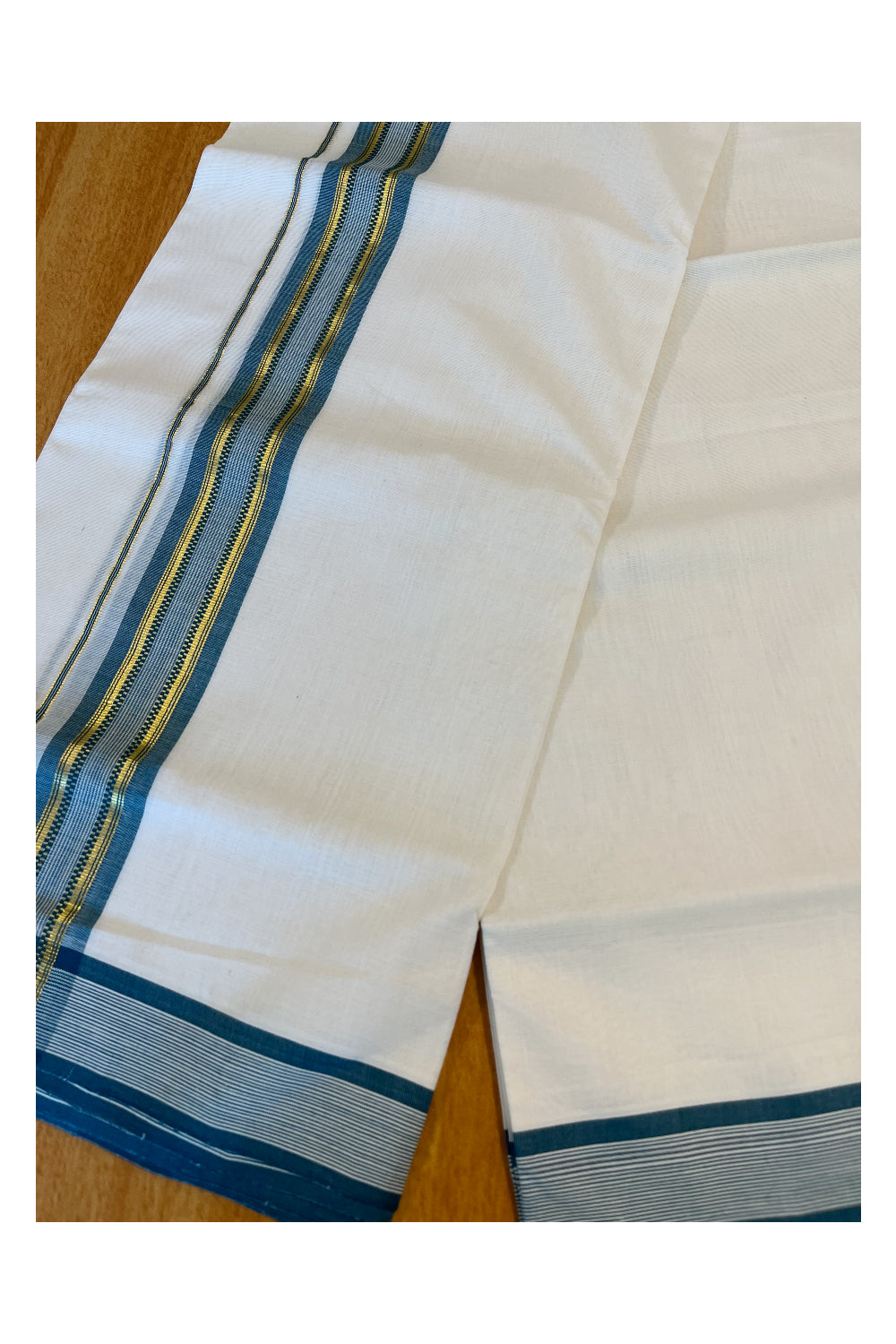 Southloom Premium Handloom Cotton Double Mundu with Kasavu And Green Lines Border