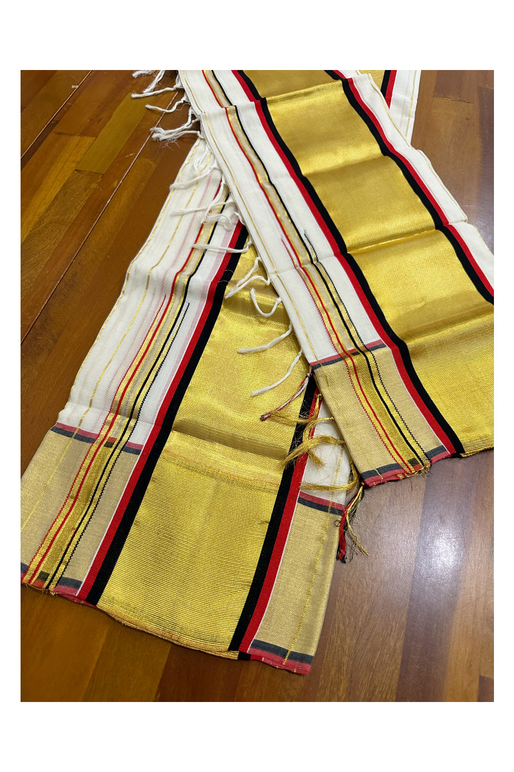 Southloom Handloom Premium Set Mundu with Woven Lines Body with Red and Black Border 2.80 Mtrs