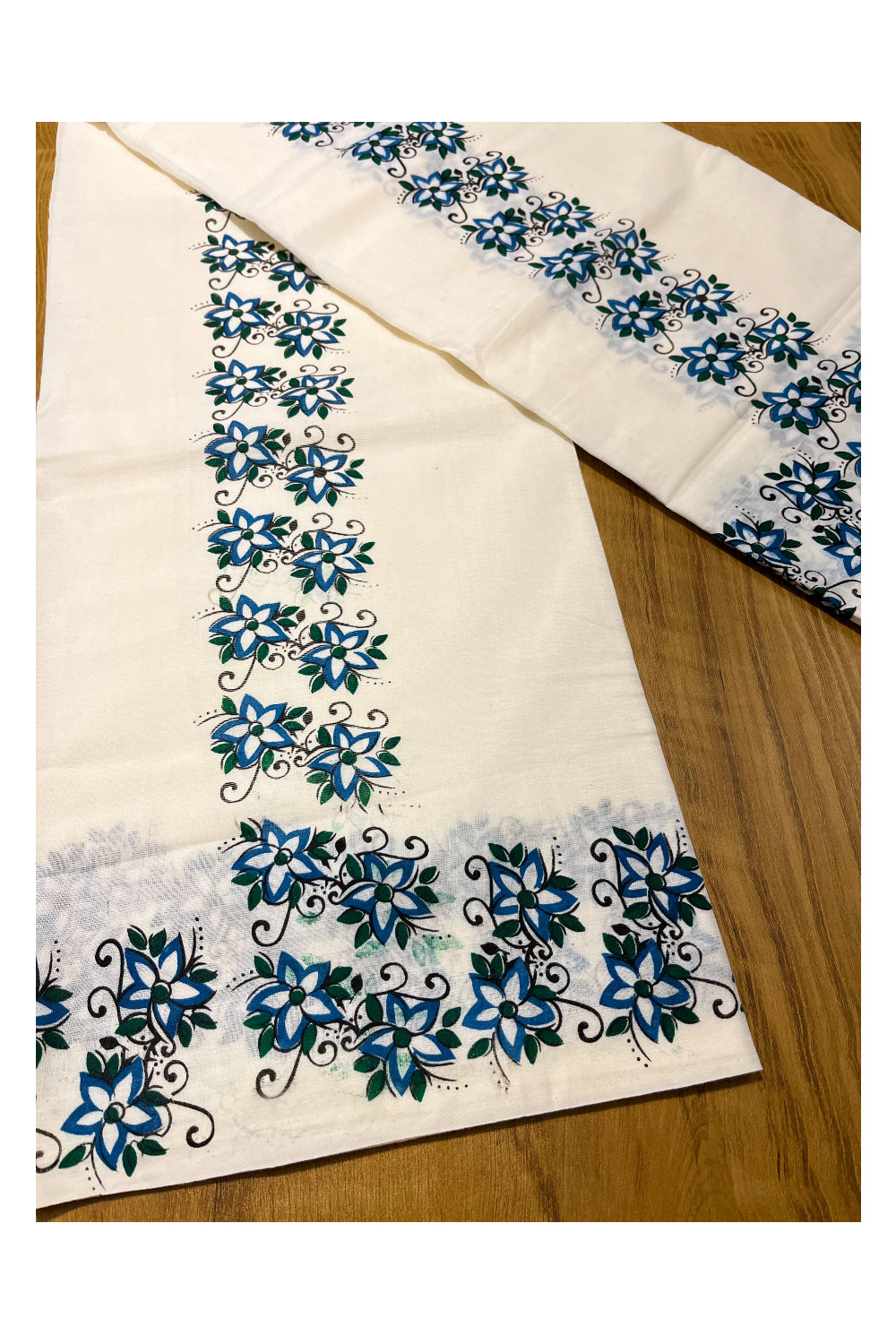 Pure Cotton Kerala Set Mundu (Mundum Neriyathum) with Blue Floral Block Printed Border