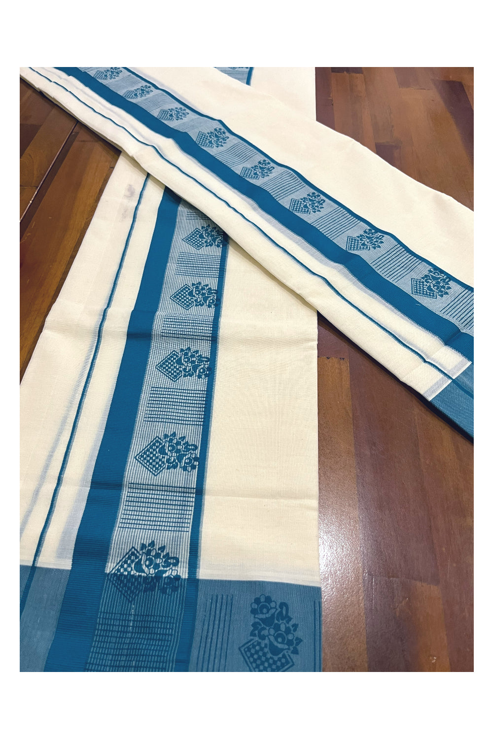 Southloom Pure Cotton Kerala Single Set Mundu with Teal Blue Block Prints on Border