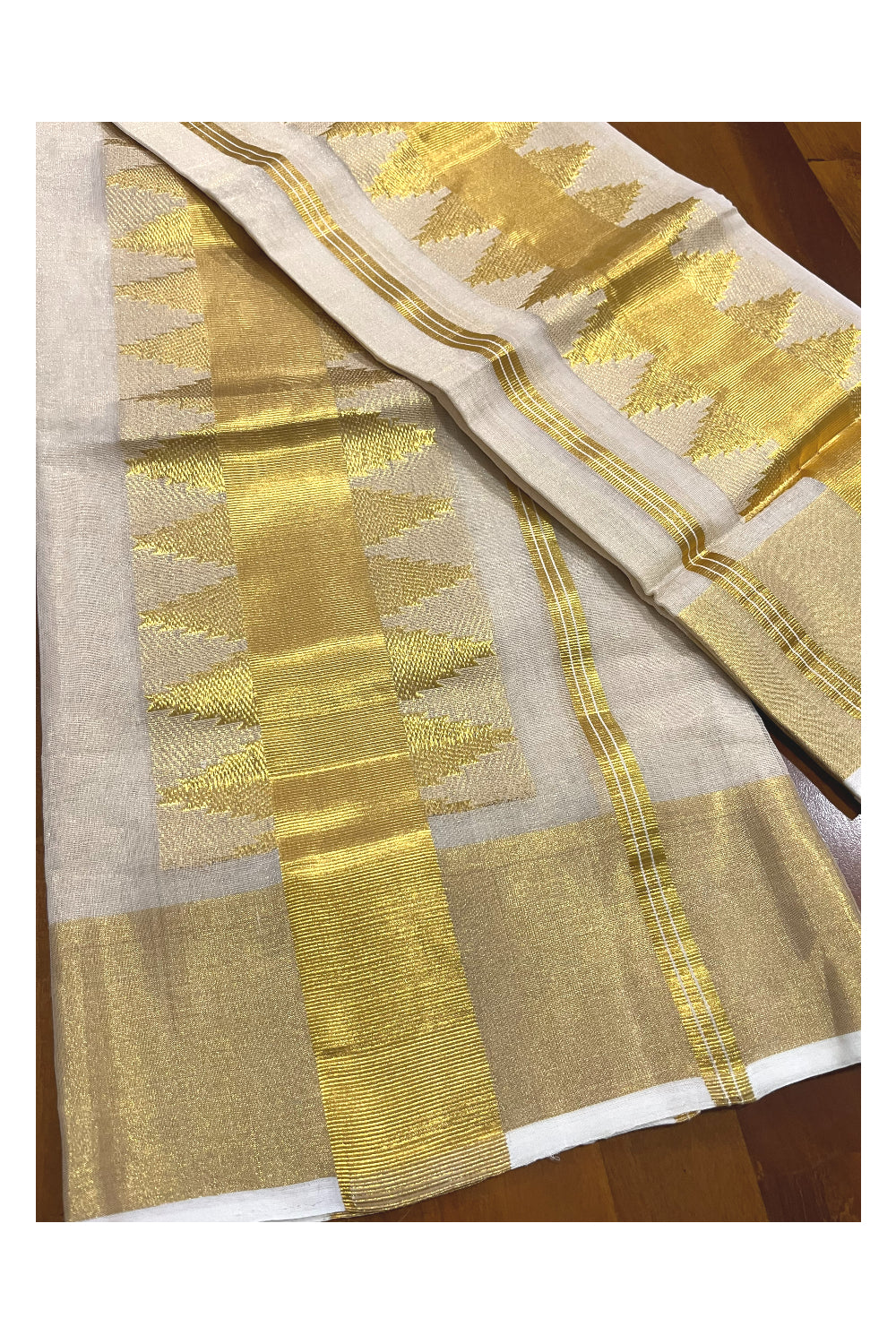 Southloom Premium Handloom Tissue Kasavu Set Mundu (Mundum Neriyathum) with Temple Woven Border (Onam Set Mundu 2023)