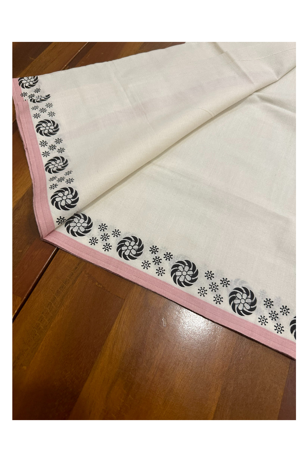 Kerala Cotton Set Mundu (Mundum Neriyathum) with Block Prints on Peach Border (Onam Set Mundu 2023)