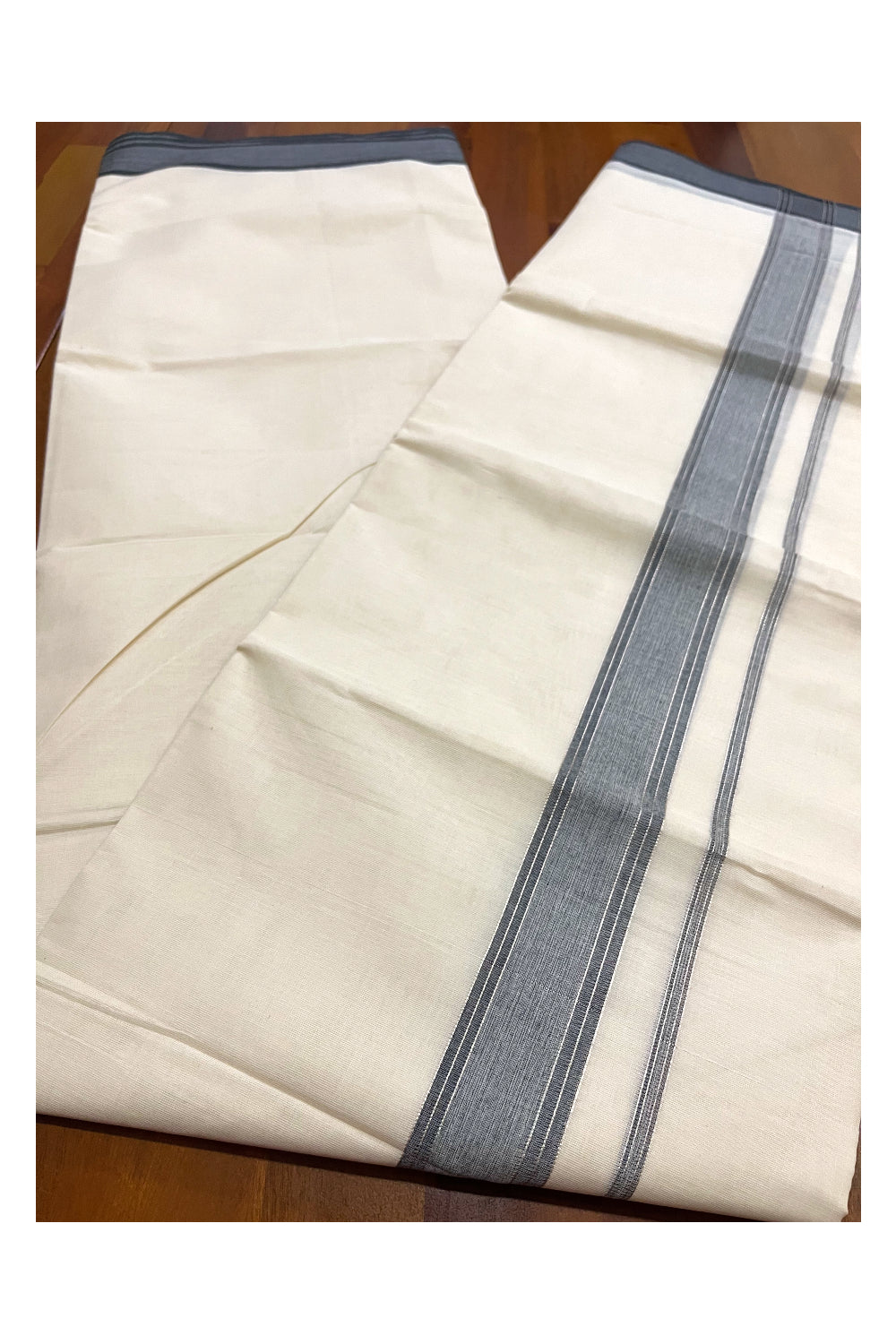 Pure Cotton 100x100 Double Mundu with Dark Grey and Silver Kasavu Line Border (Onam Mundu 2023)