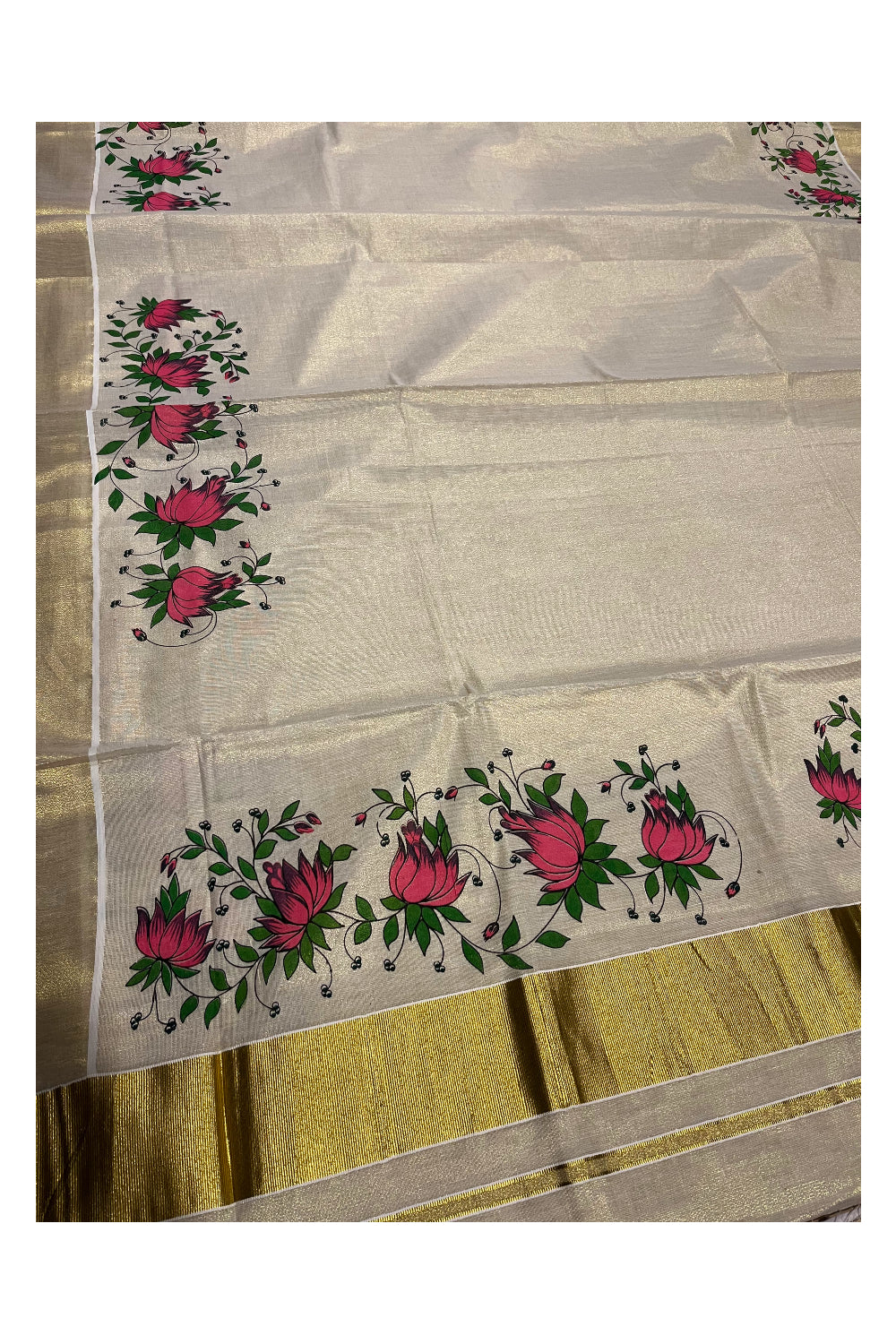 Kerala Tissue Kasavu Saree with Pink Floral Block Printed Designs (Onam 2024 Collection)