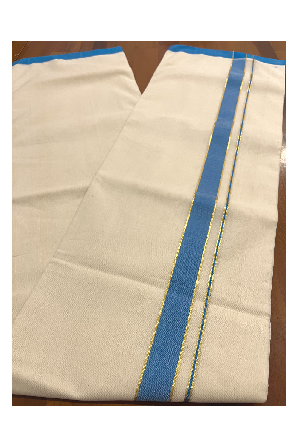 Southloom Premium Balaramapuram Unakkupaavu Handloom Mundu with Blue and Kasavu Border (South Indian Kerala Dhoti)