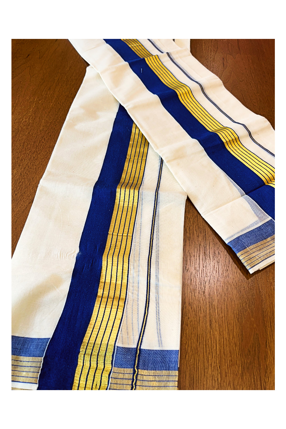 Kerala Cotton Set Mundu (Mundum Neriyathum) with Blue and Kasavu Border