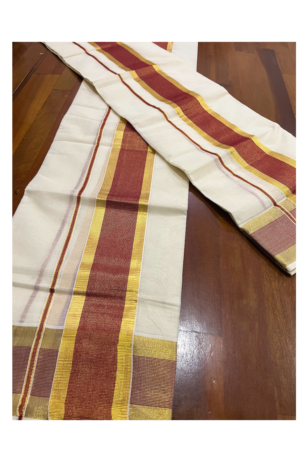 Pure Cotton Kerala Onam 2023 Set Mundu (Mundum Neriyathum) Single with Maroon and Kasavu Border 2.80 Mtrs