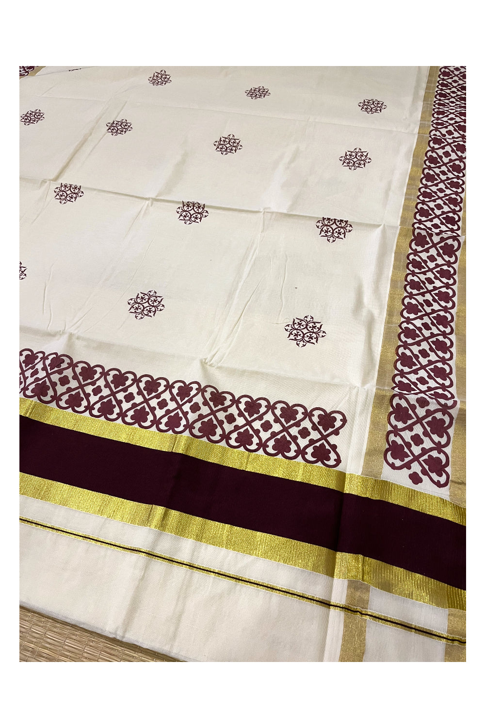 Pure Cotton Kerala Saree with Brown Block Printed Kasavu Border (Onam Saree 2023)