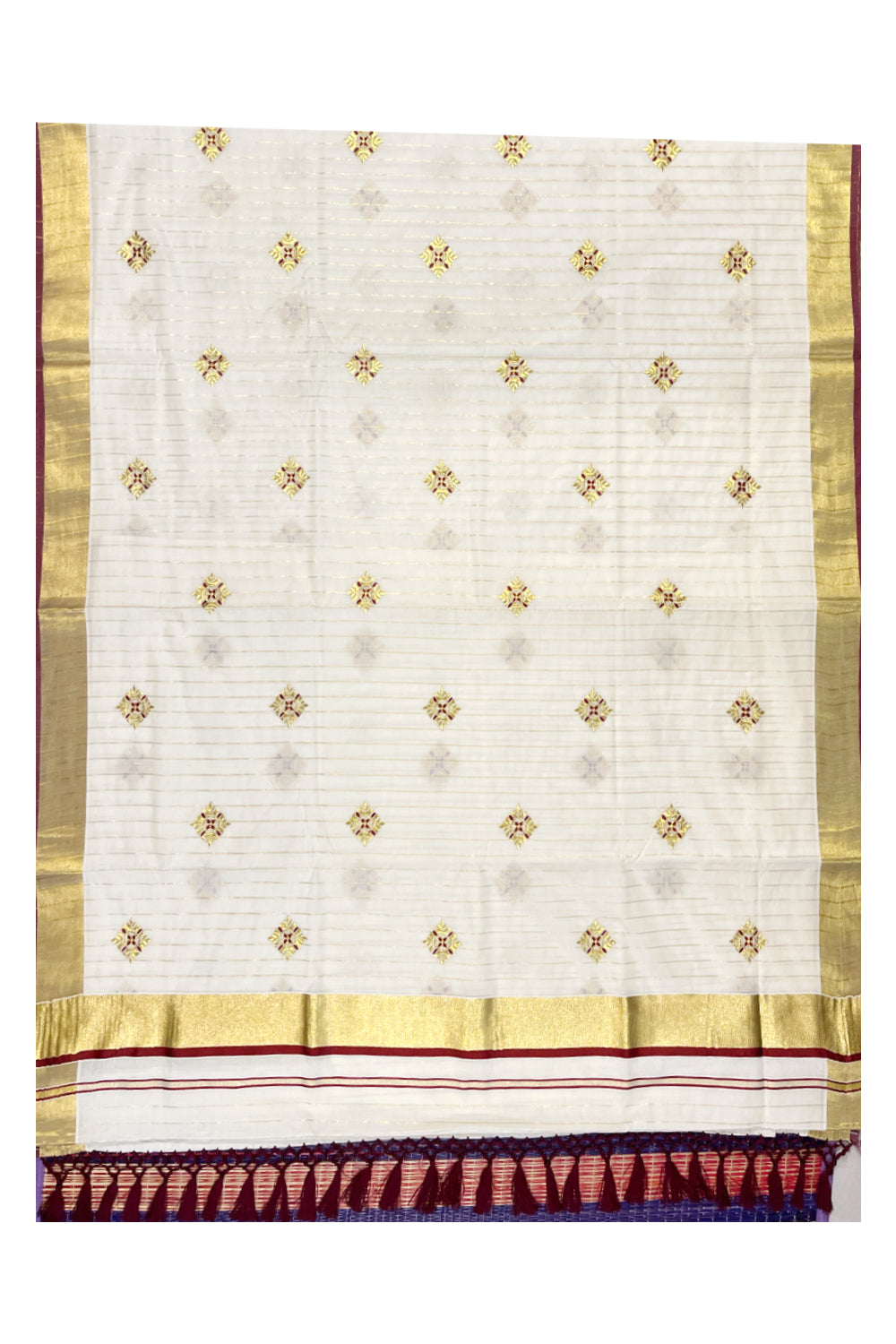 Kerala Cotton Kasavu Lines Saree with Maroon and Golden Floral Embroidery Work