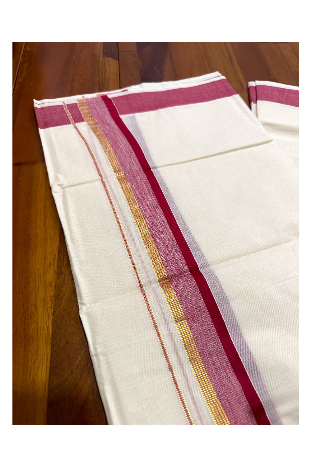 Kerala Cotton Double Mundu with Maroon and Kasavu Border (Onam Mundu 2023)