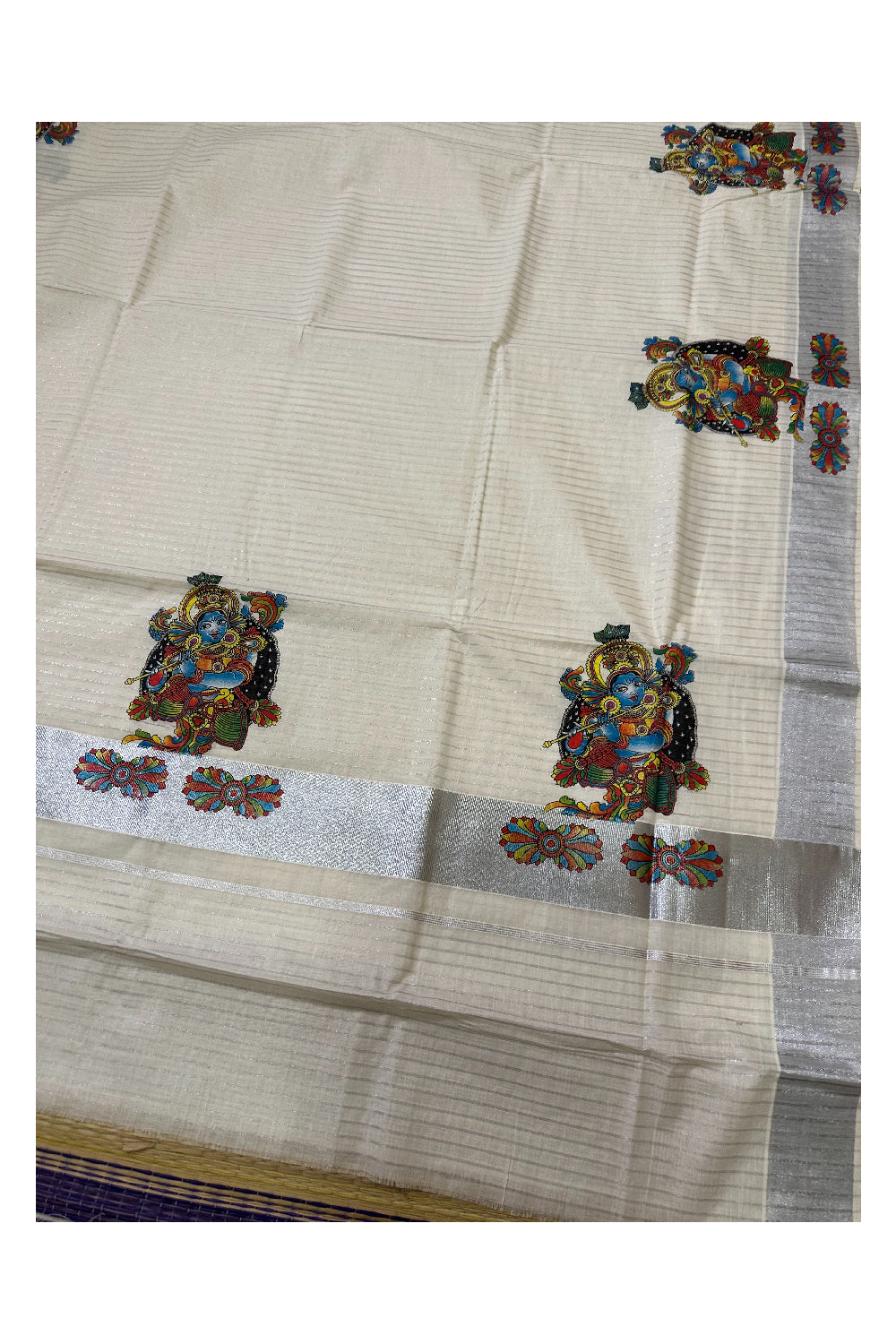 Pure Cotton Kerala Saree with Silver Lines and Krishna Mural Prints on Body