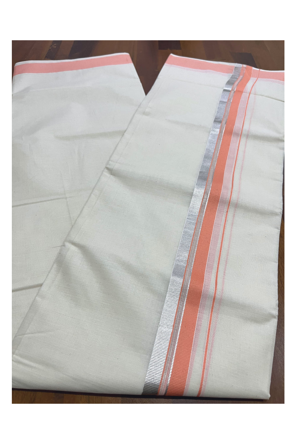 Pure Cotton Kerala Double Mundu with Peach and Silver Kasavu Kara (South Indian Kerala Dhoti)