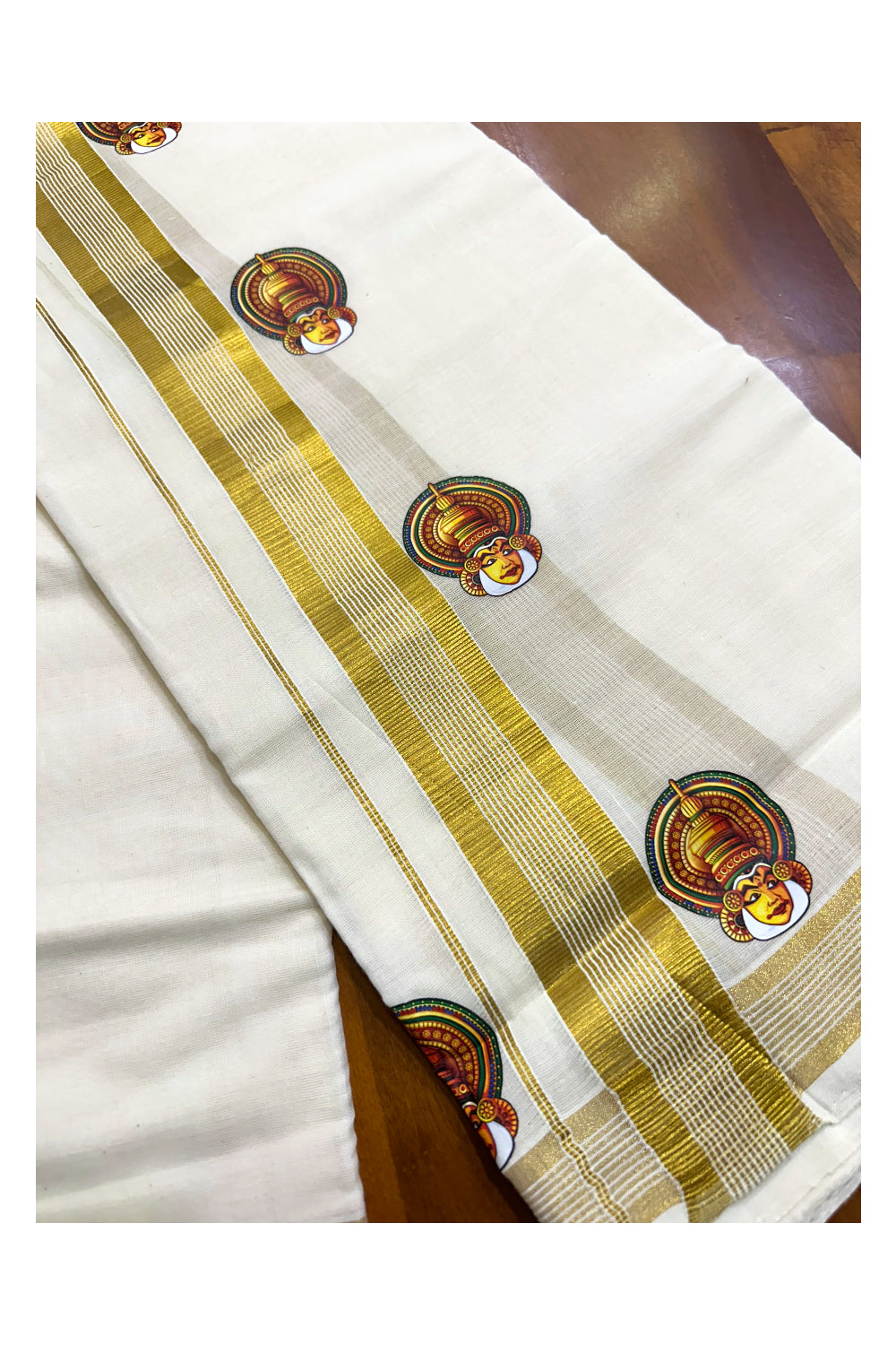 Southloom Lines Kasavu Double Mundu with Mural Print Along Kara