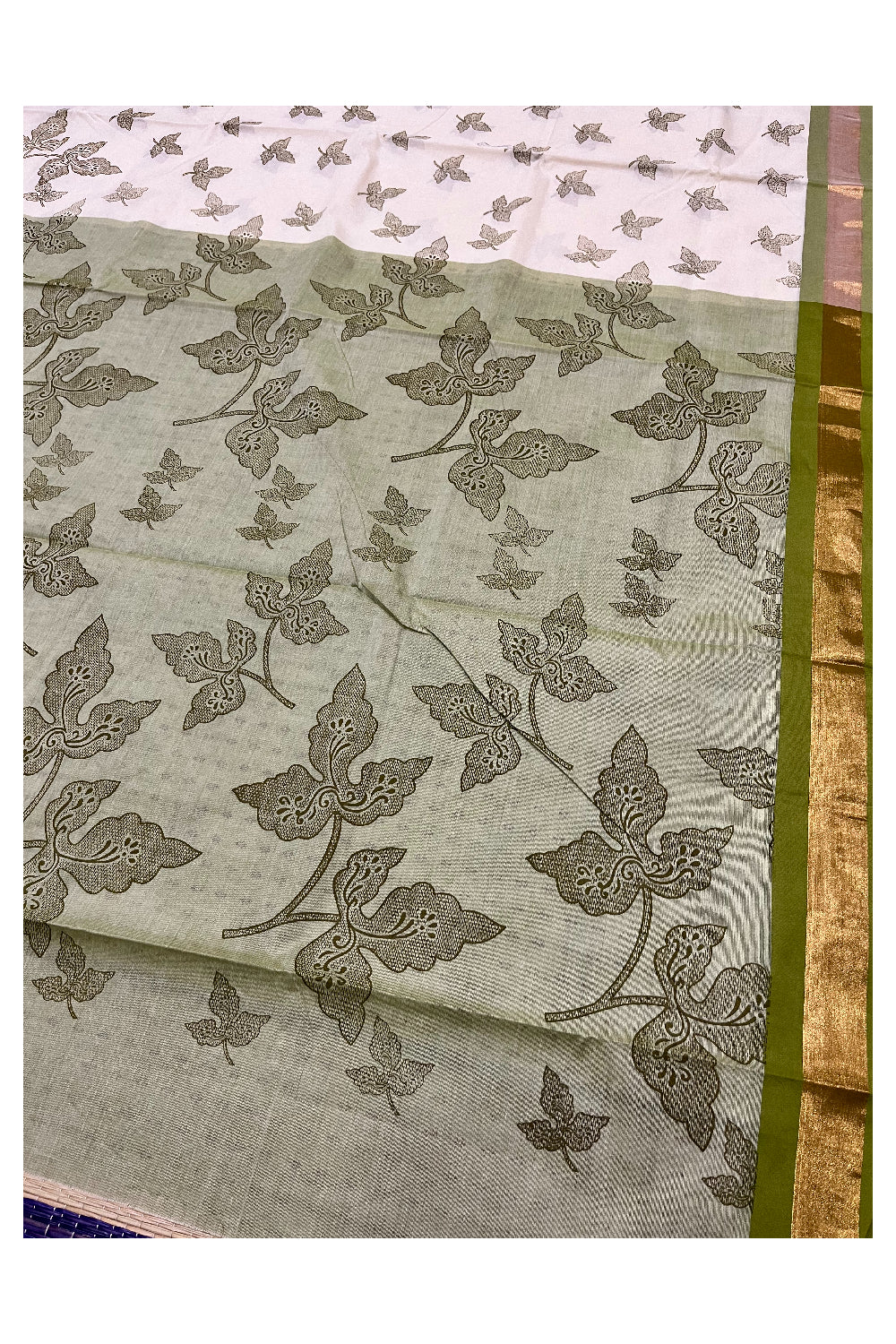 Pure Cotton Kerala Saree with Olive Green Block Print Leaf Designs and Kasavu Border (Vishu 2024 Collection)