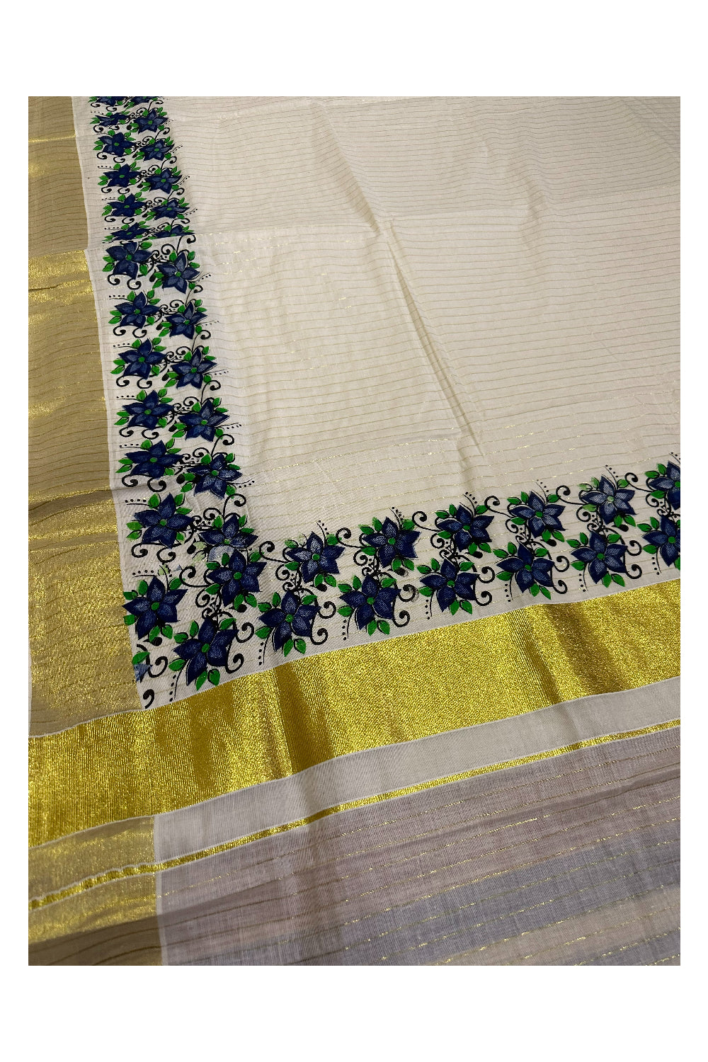 Kerala Pure Cotton Blue Floral Printed and Kasavu Lines Saree (Onam Saree 2023)