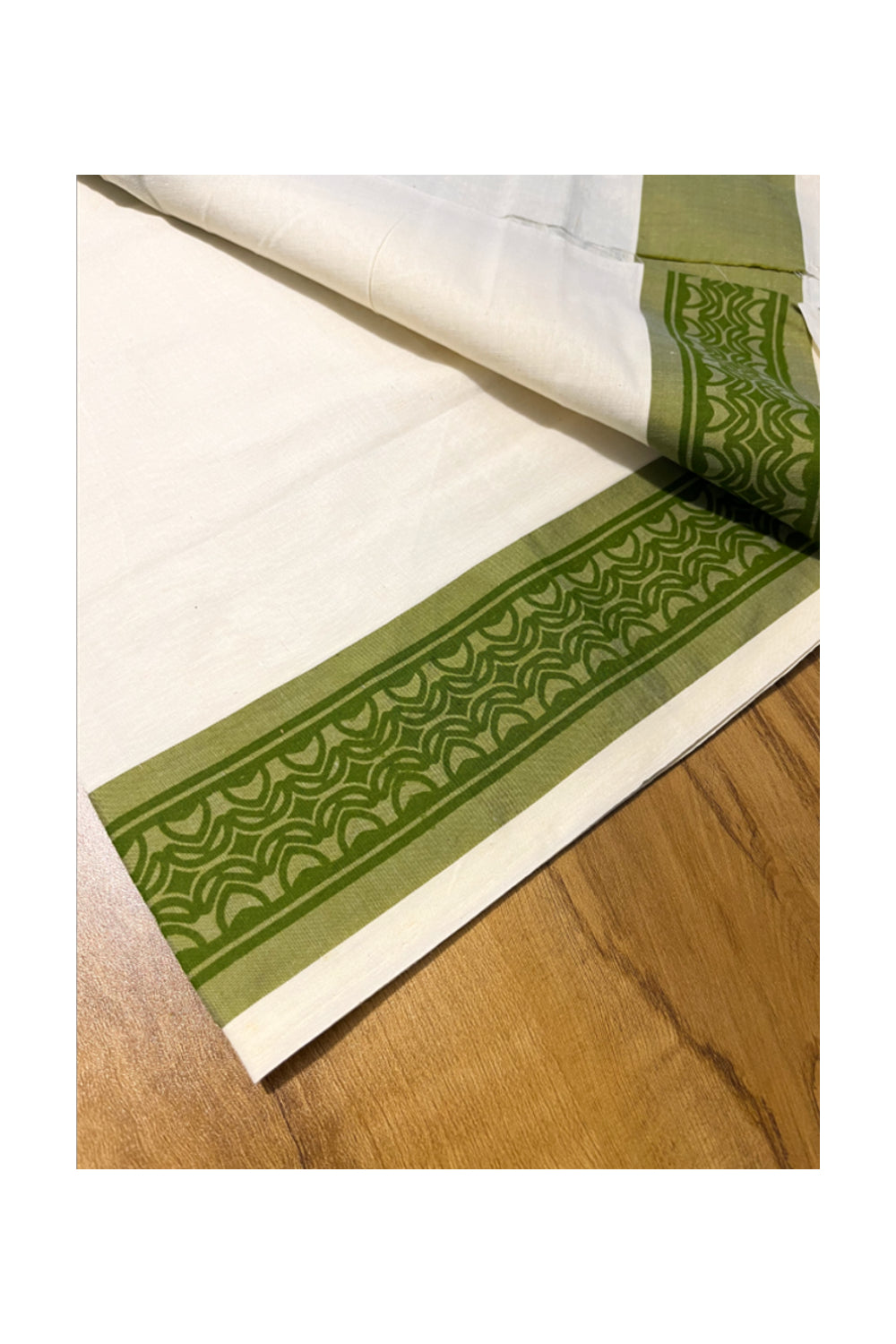 Kerala Cotton Single Set Mundu (Mundum Neriyathum) with Green Block print Border 2.80Mtrs